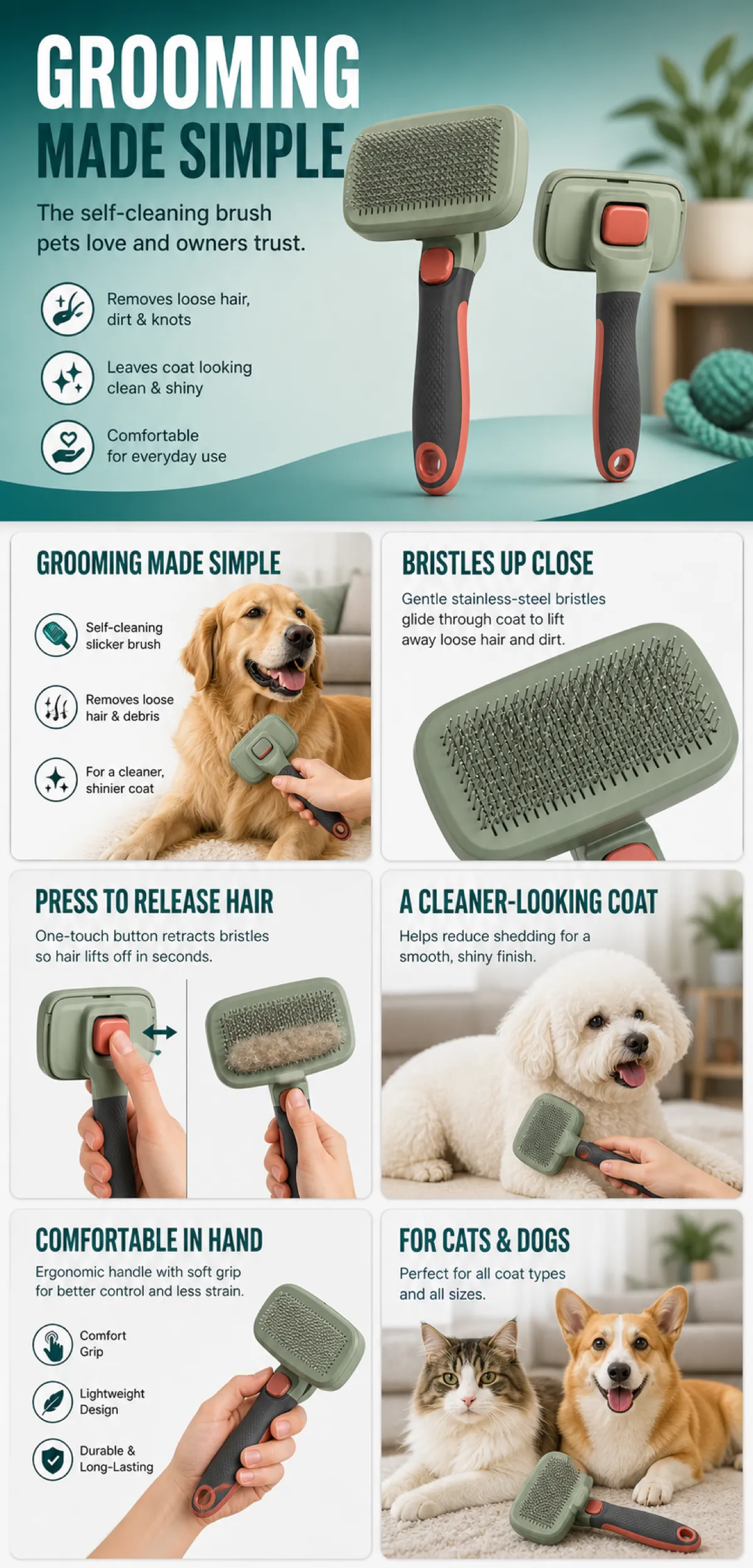 Self-Cleaning Pet Grooming Brush for Dogs and Cats｜AI Image Generation Prompts