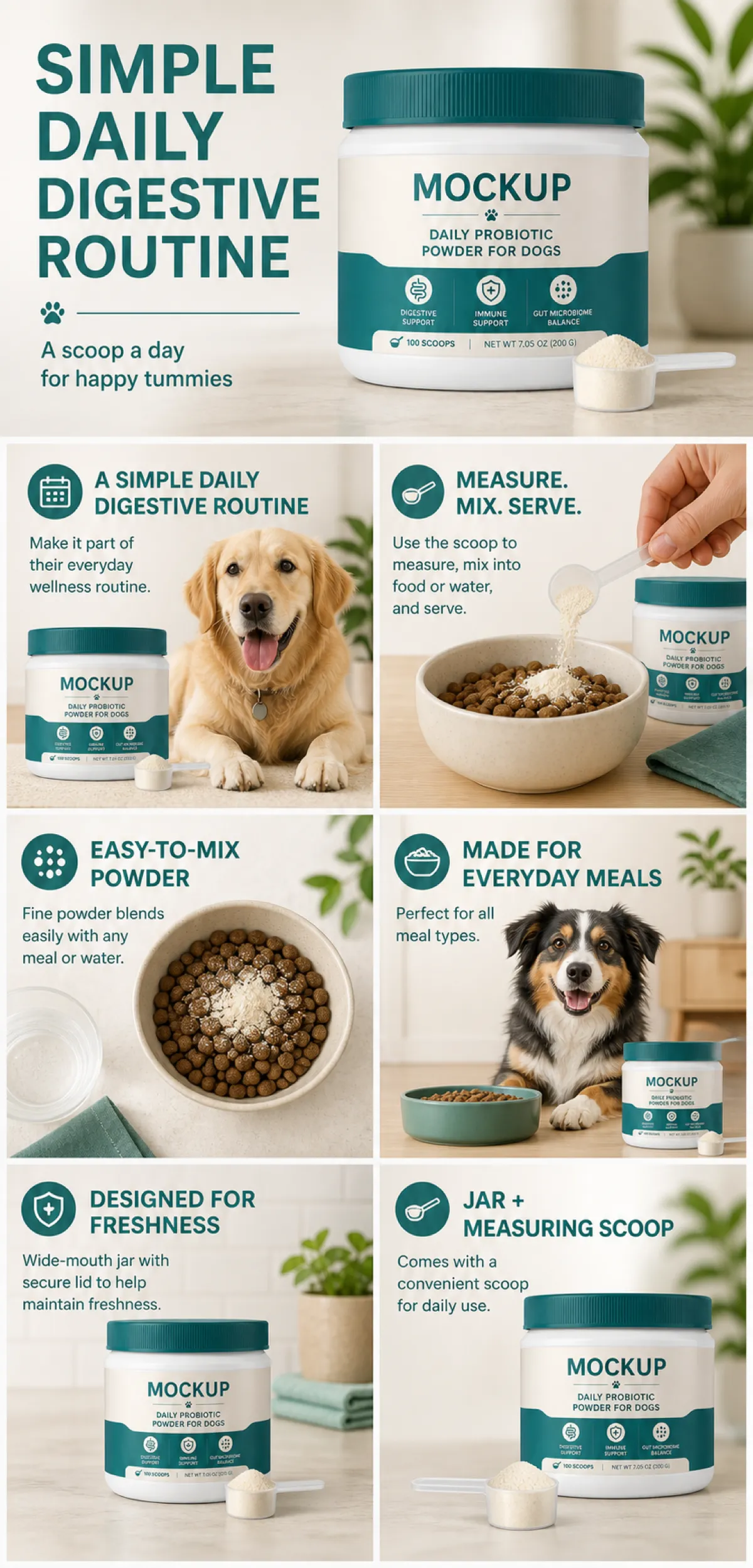 Daily Probiotic Powder for Dogs Mockup Infographic｜AI Image Generation Prompts