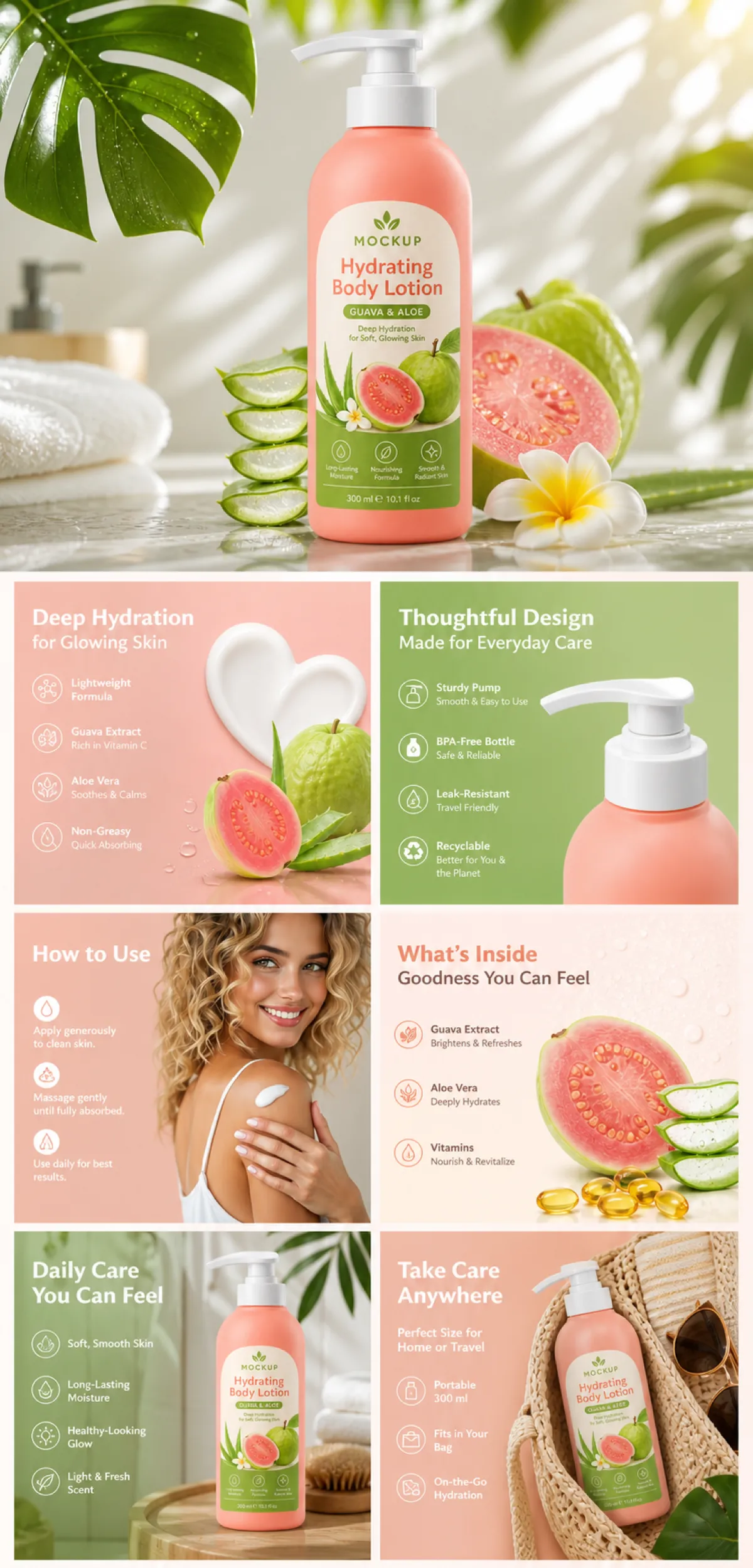 Hydrating Body Lotion Bottle Mockup with Guava and Aloe｜AI Image Generation Prompts