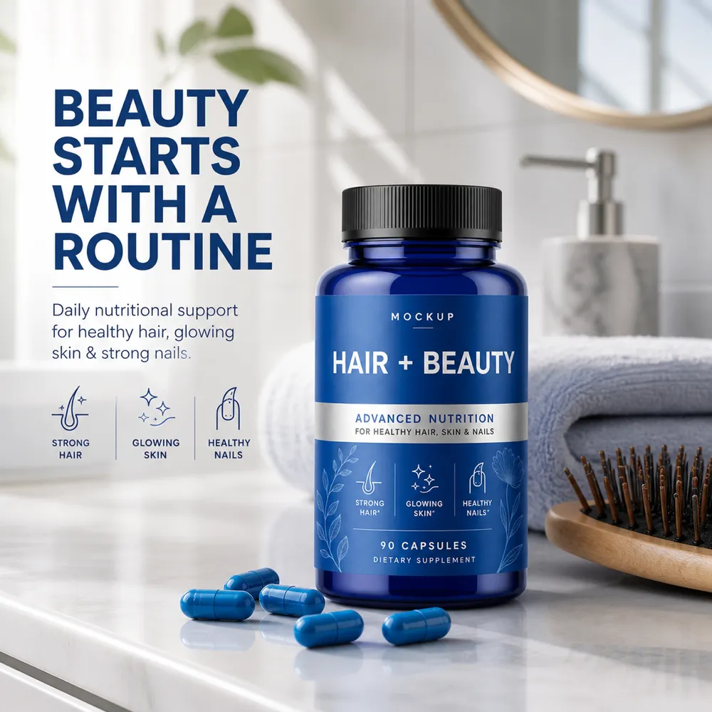 Blue Hair and Beauty Supplement Bottle Mockup｜AI Image Generation Prompts