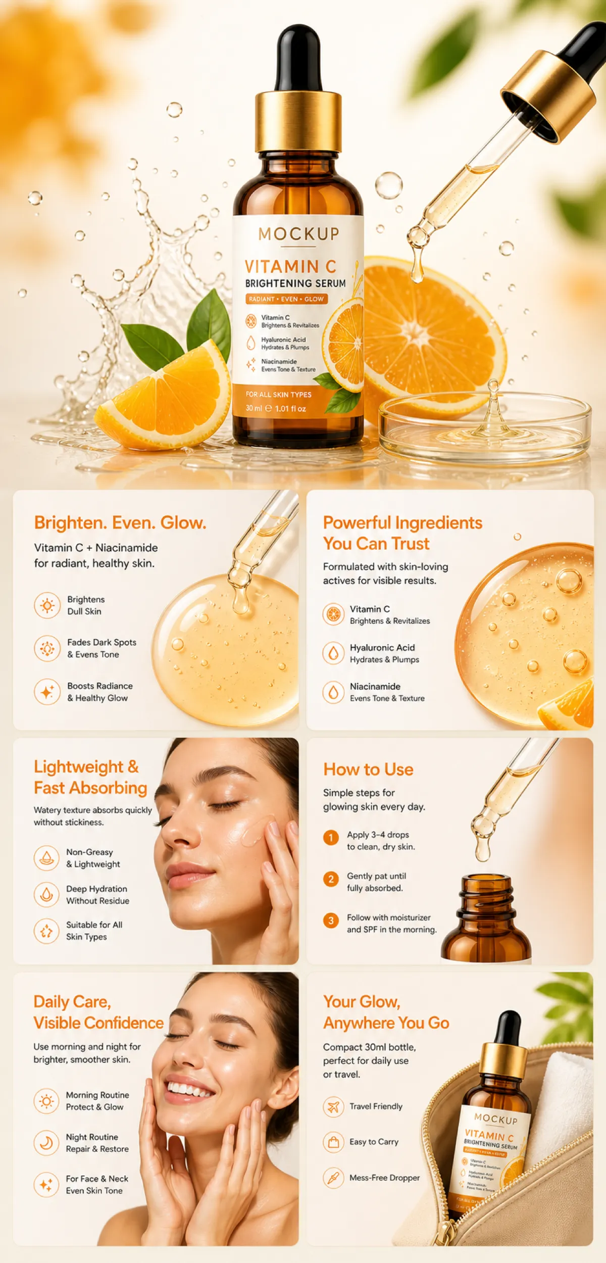 Vitamin C Brightening Serum Mockup with Orange Slices｜AI Image Generation Prompts