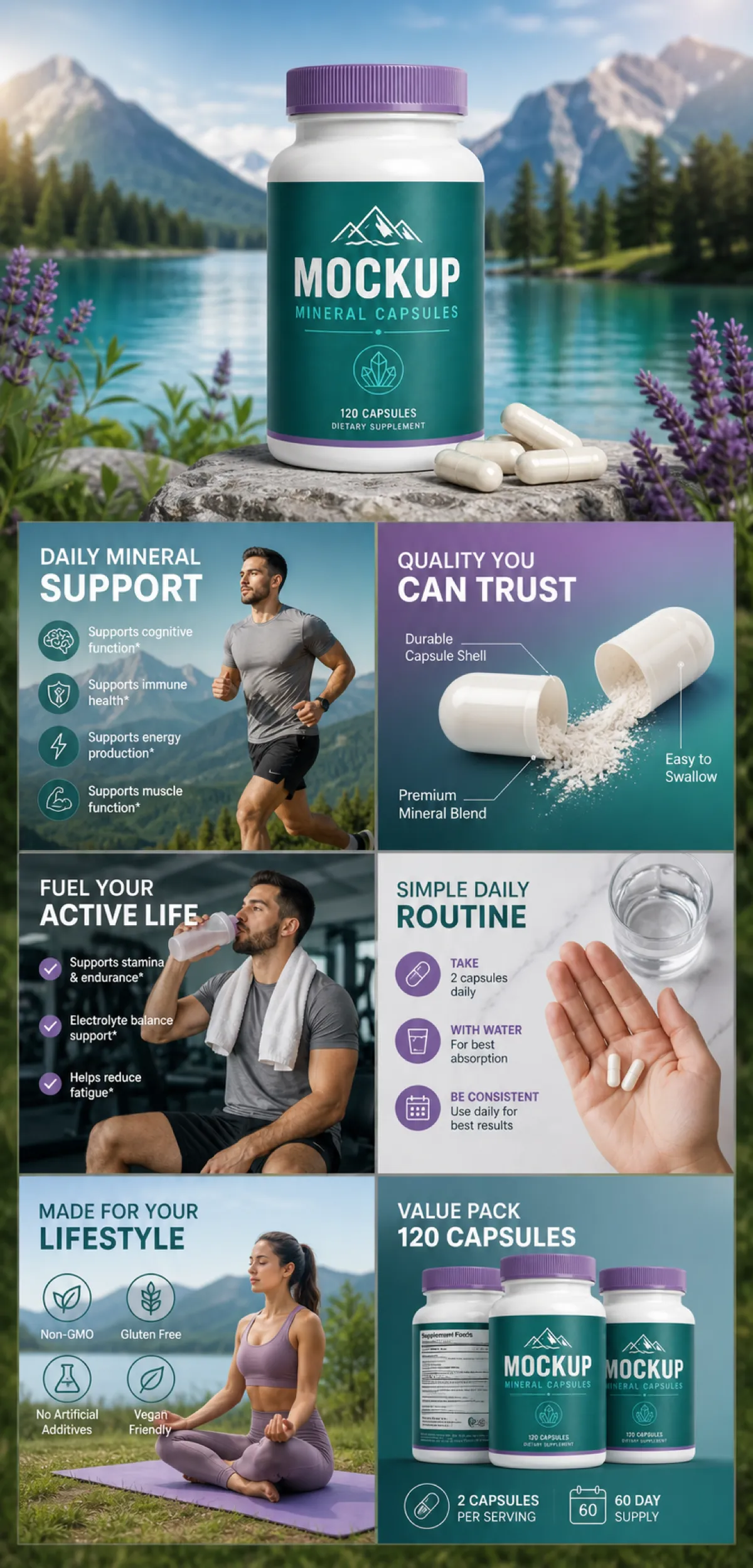 Mineral Capsules Supplement Bottle Mockup and Benefits｜AI Image Generation Prompts