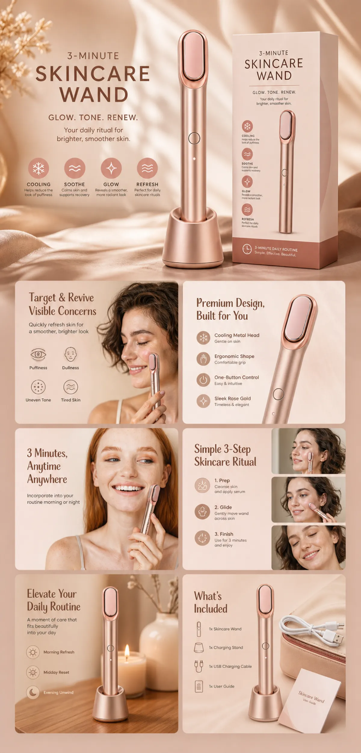 Rose Gold 3-Minute Skincare Wand for Daily Routine｜AI Image Generation Prompts