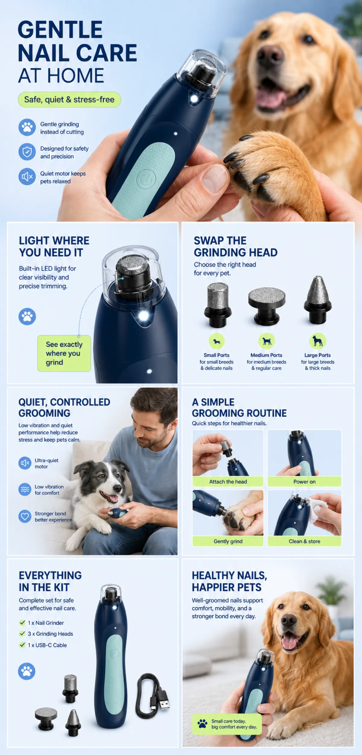 Quiet Electric Dog Nail Grinder Kit for Safe Home Grooming｜AI Image Generation Prompts