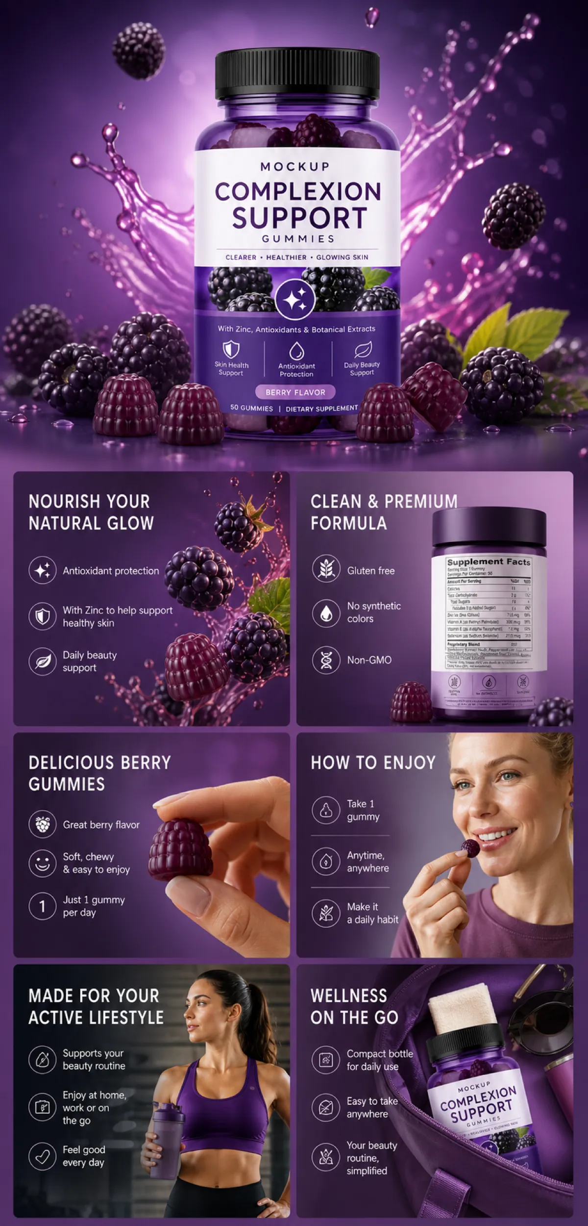 Complexion Support Berry Gummies Dietary Supplement Bottle｜AI Image Generation Prompts
