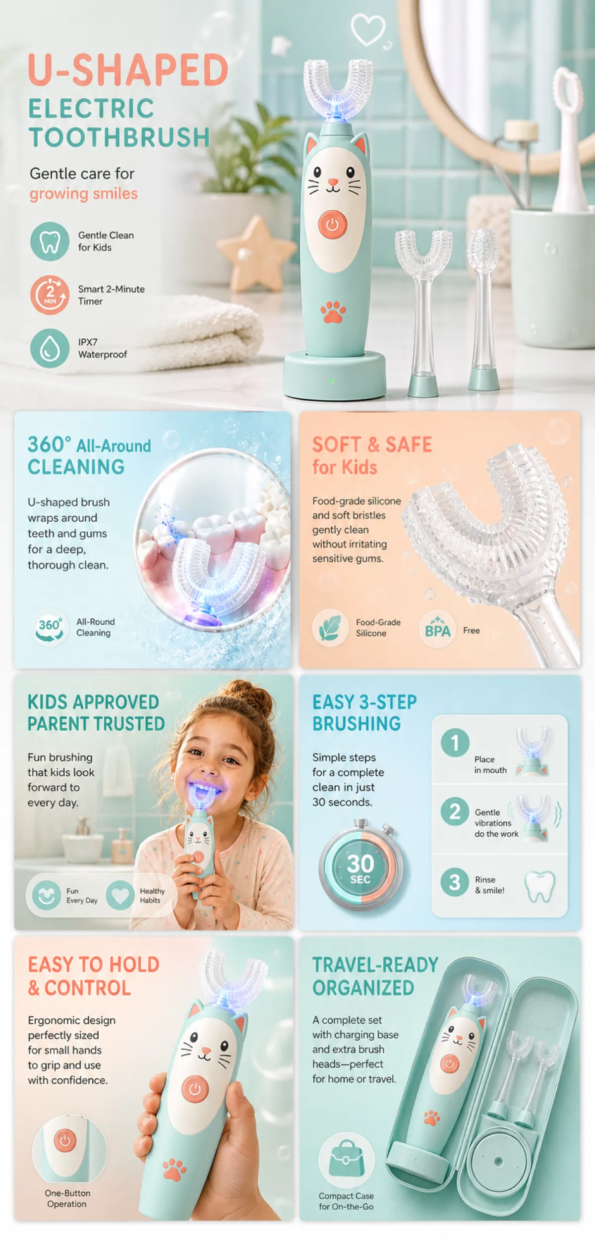 U-Shaped Electric Toothbrush for Kids Cat Design｜AI Image Generation Prompts