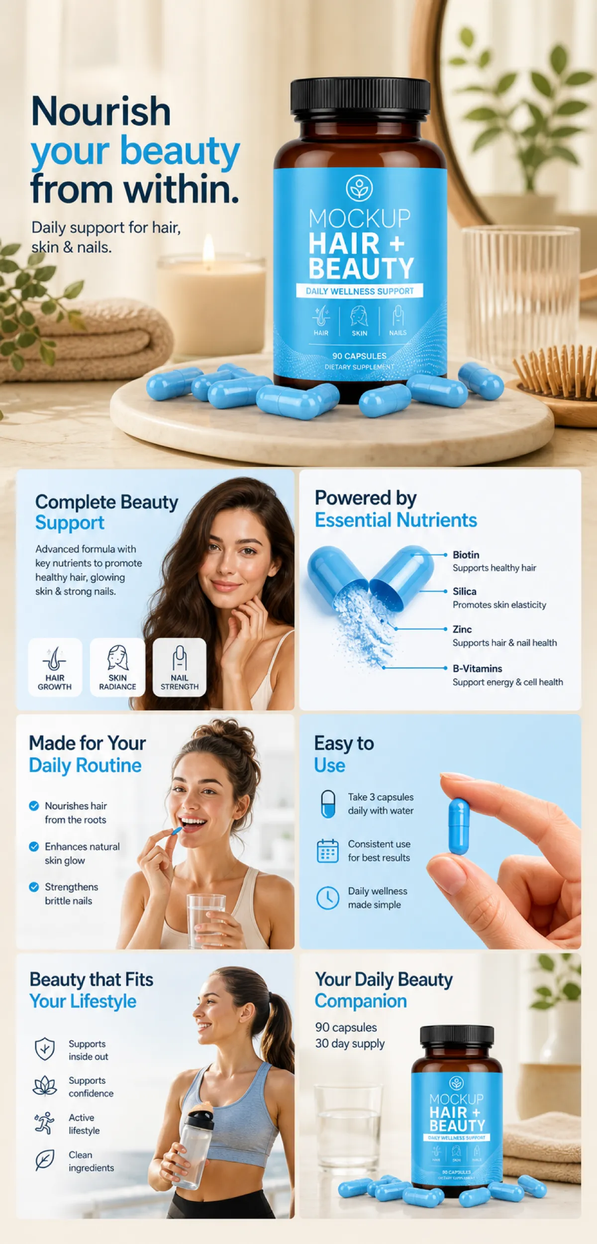 Hair and Beauty Supplement Mockup with Blue Capsules｜AI Image Generation Prompts