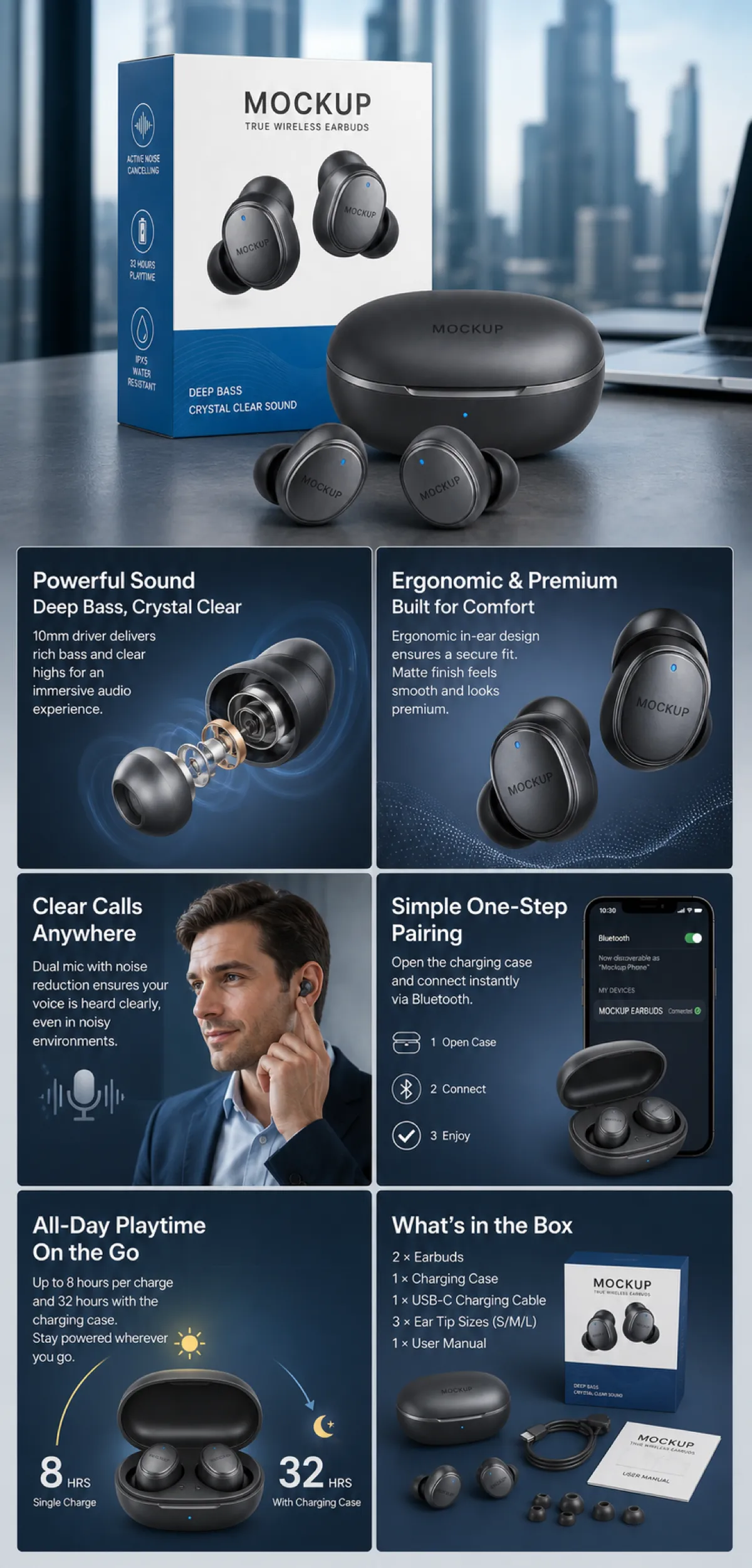 True Wireless Earbuds Mockup with Packaging｜AI Image Generation Prompts