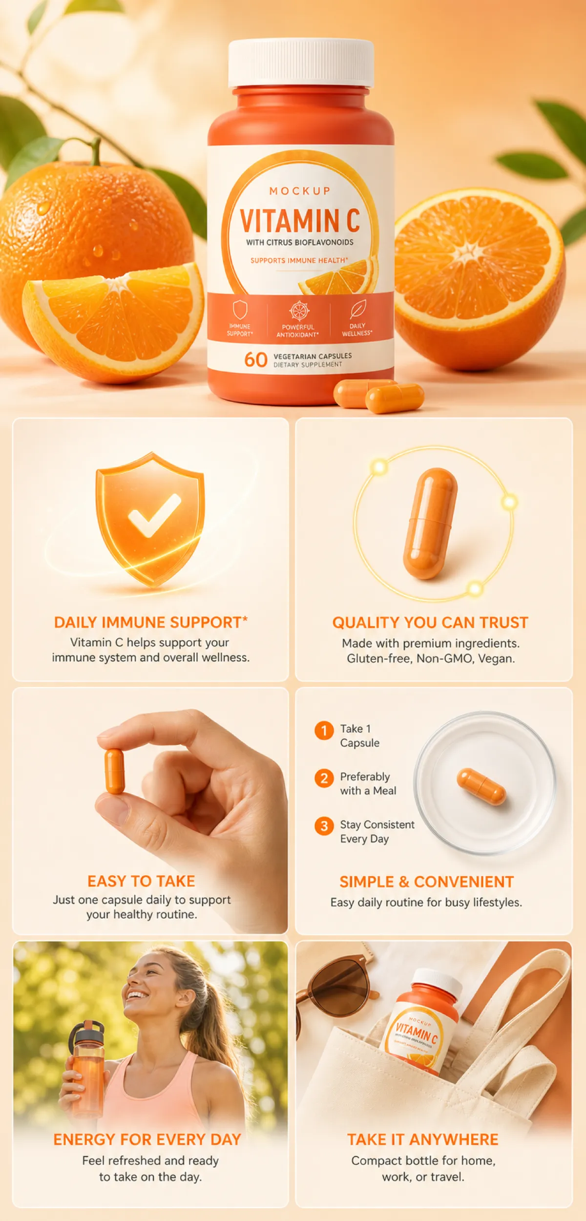 Vitamin C Supplement Mockup with Oranges and Benefits｜AI Image Generation Prompts