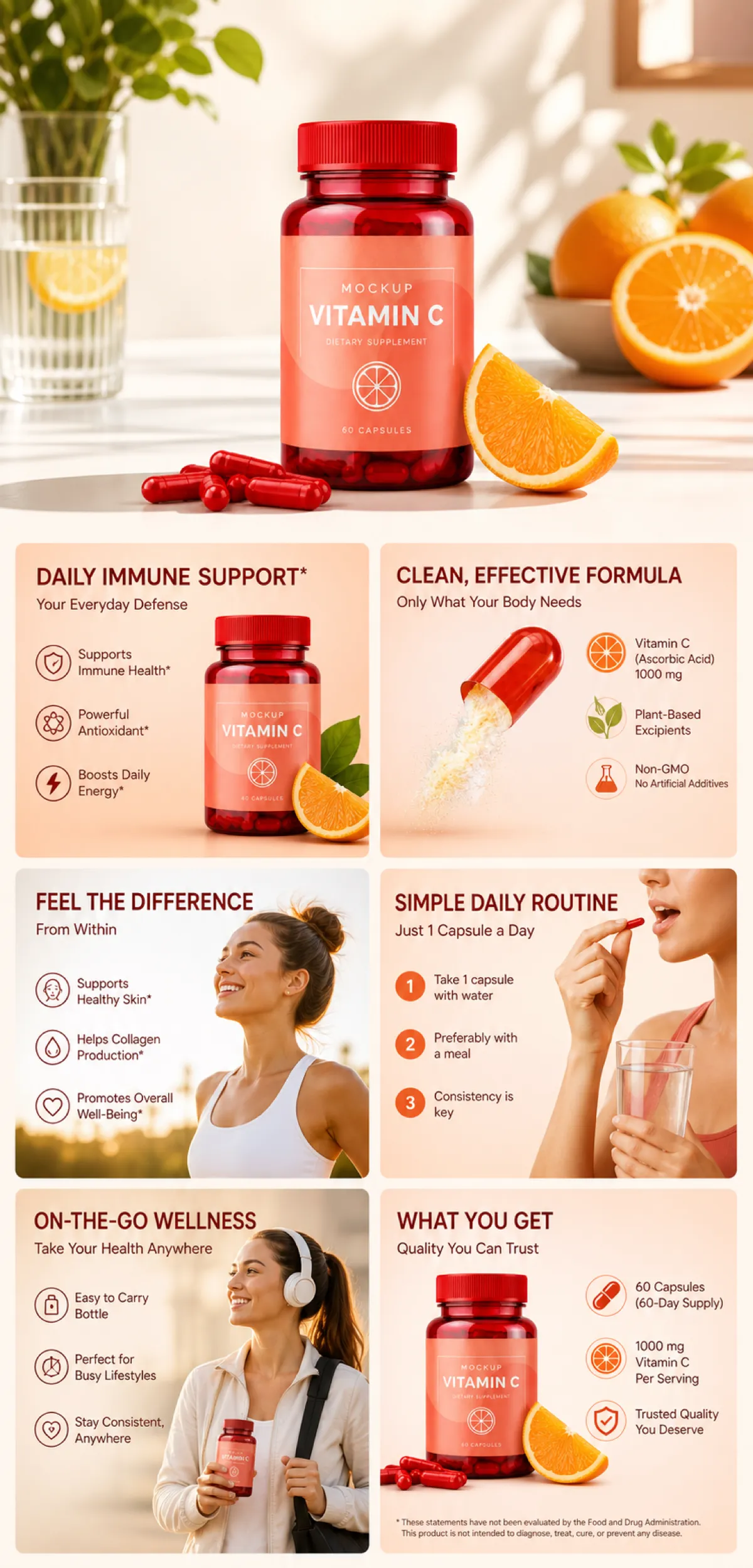 Vitamin C Dietary Supplement Bottle Mockup and Benefits｜AI Image Generation Prompts