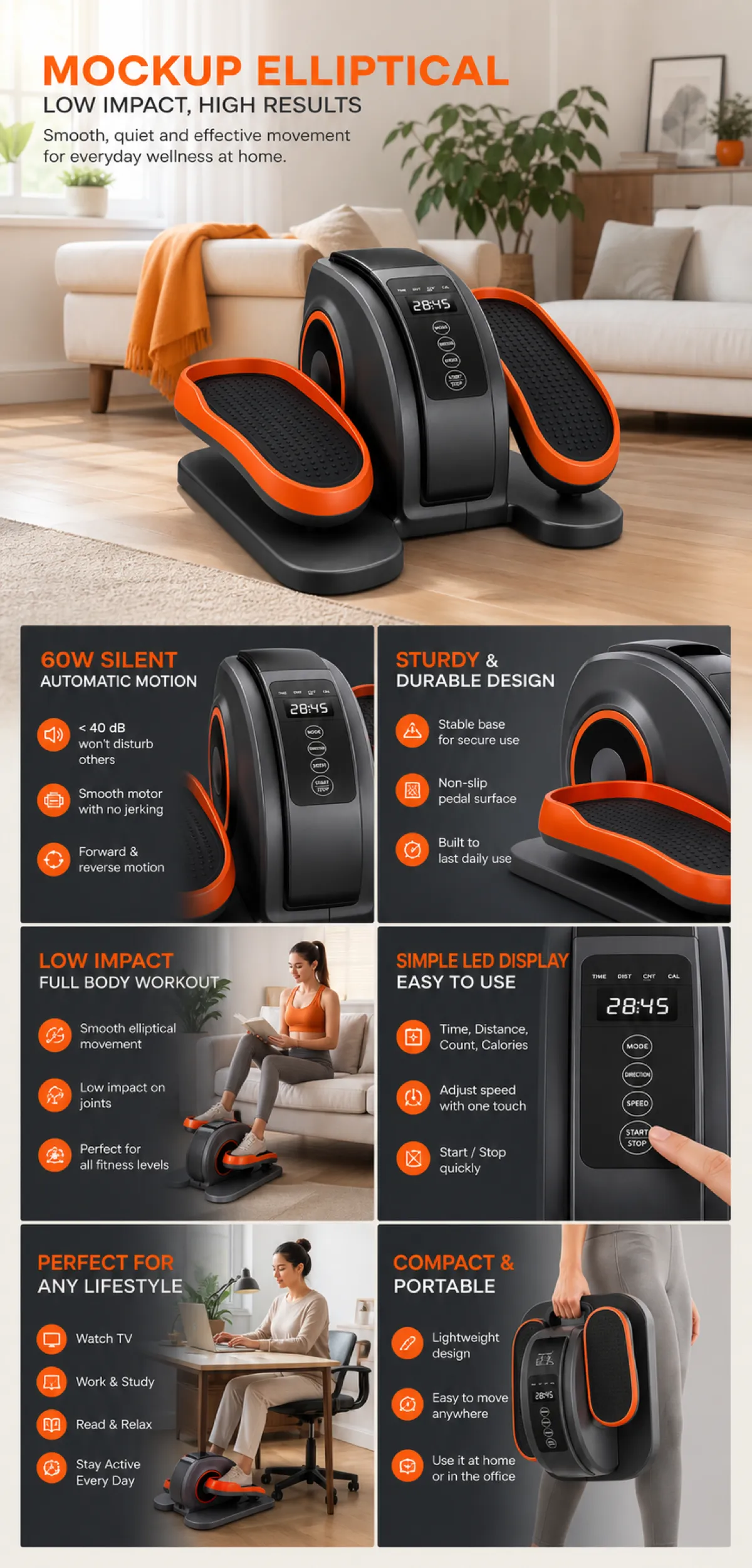 Compact Portable Elliptical Trainer Mockup Features｜AI Image Generation Prompts