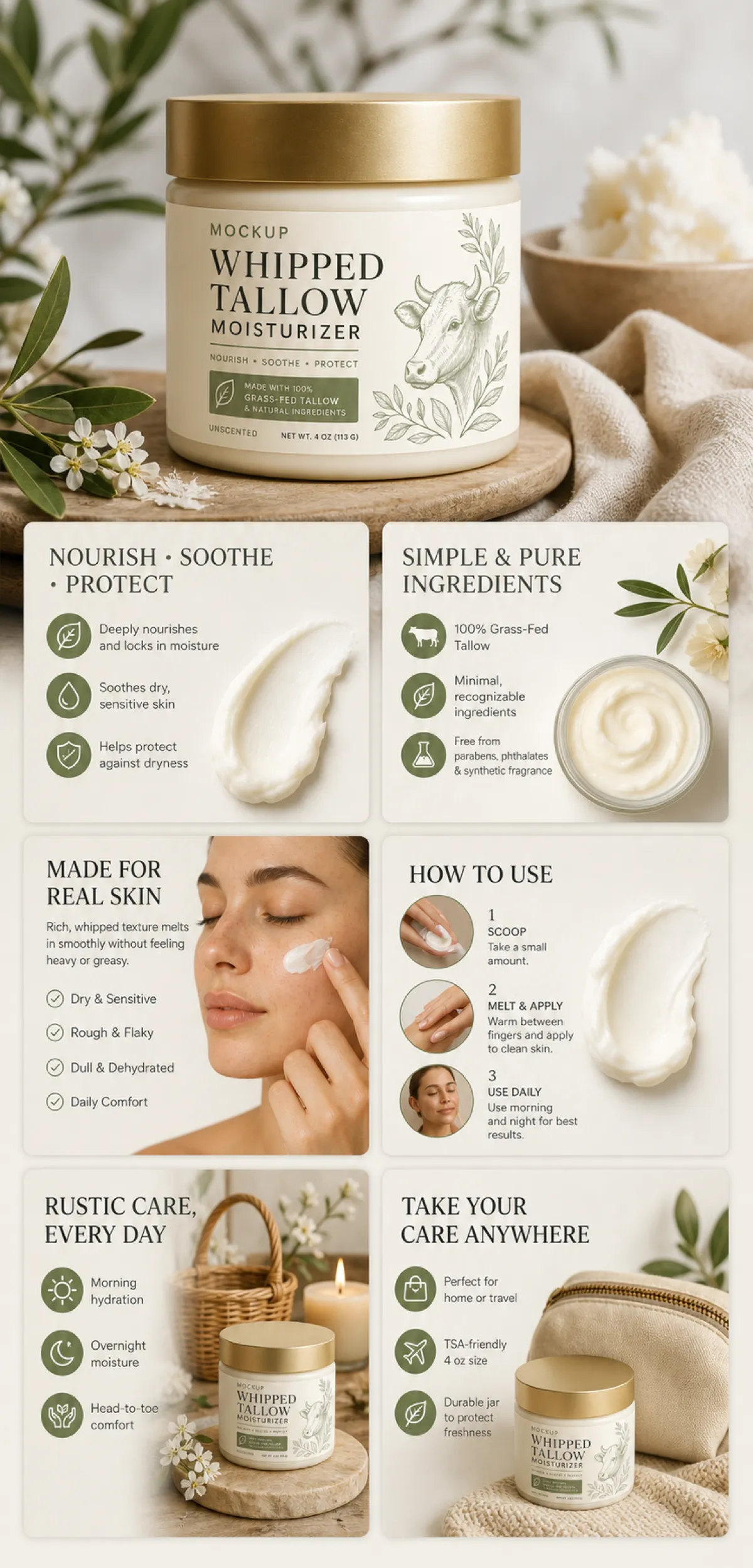 Whipped Tallow Moisturizer Product Mockup Infographic｜AI Image Generation Prompts