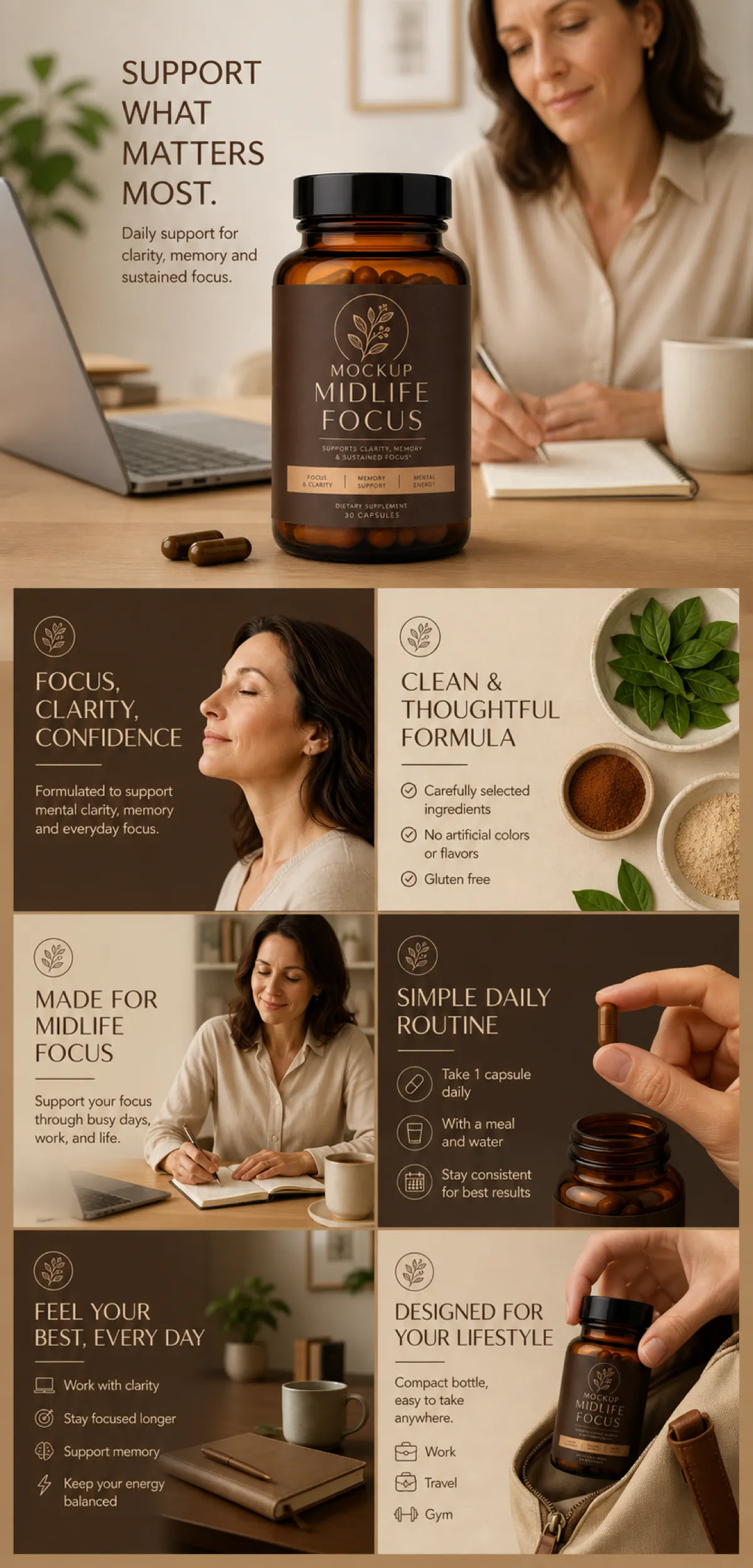 Midlife Focus Supplement Bottle Mockup Infographic｜AI Image Generation Prompts