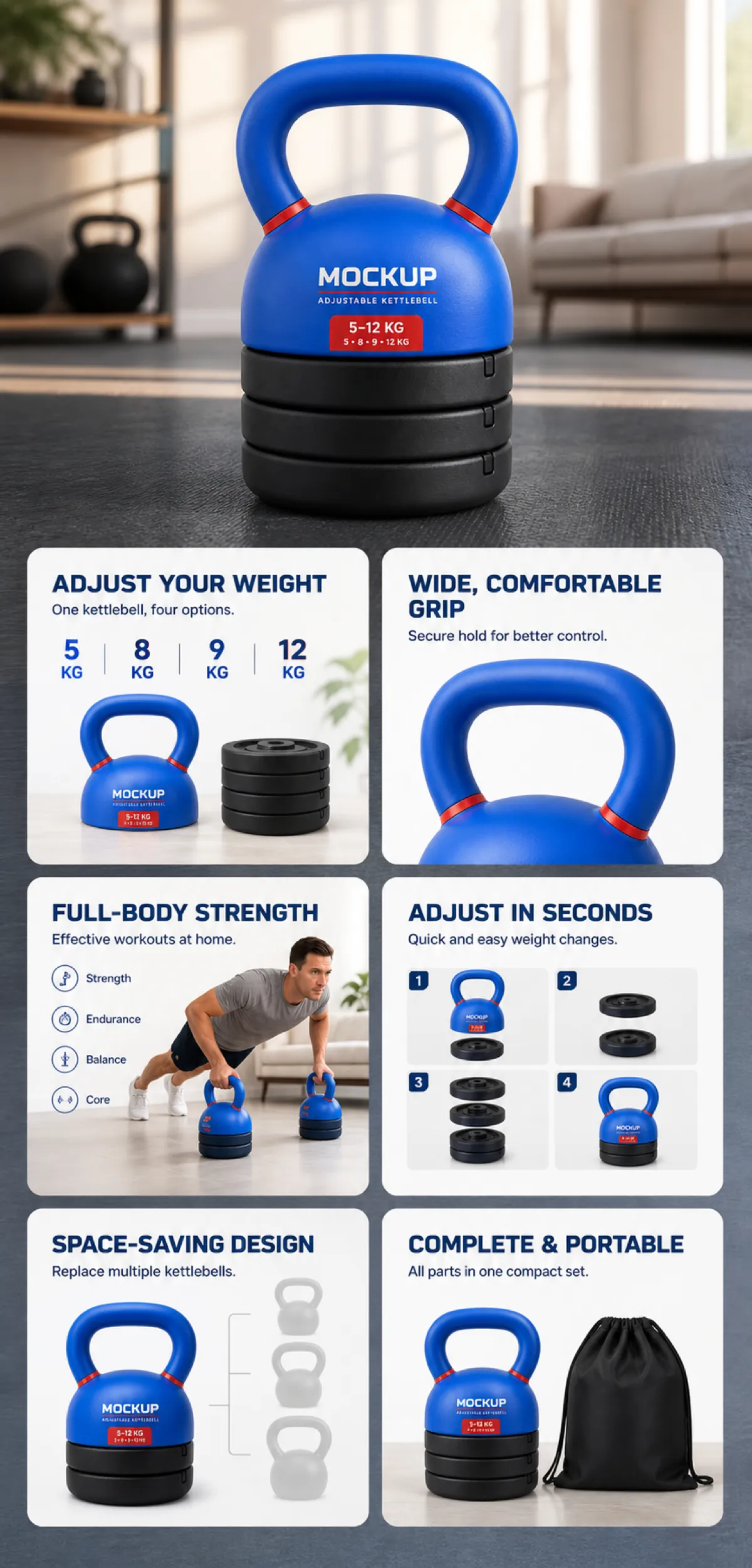 Adjustable Kettlebell 5-12kg for Home Workouts｜AI Image Generation Prompts