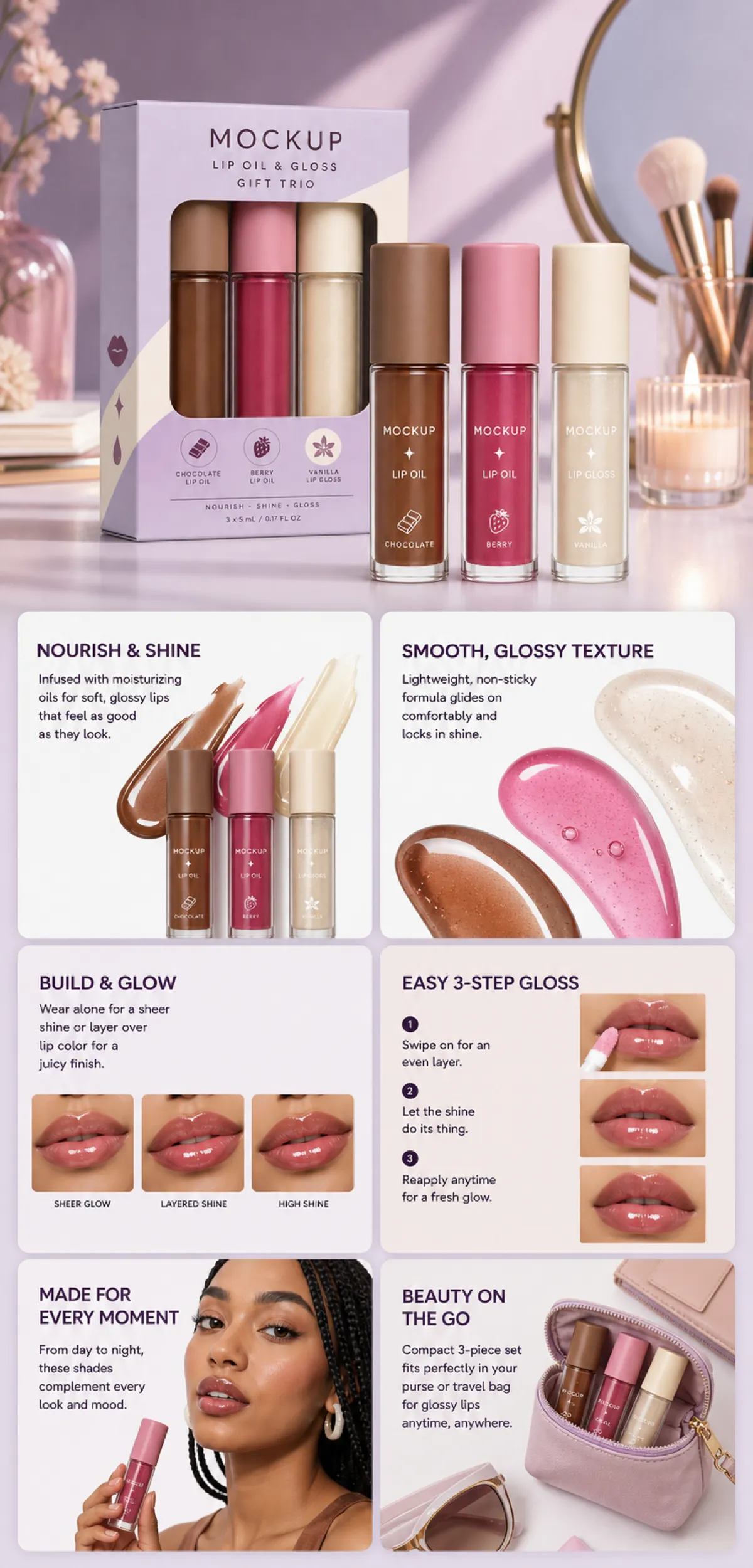 Lip Oil and Gloss Gift Trio Mockup｜AI Image Generation Prompts