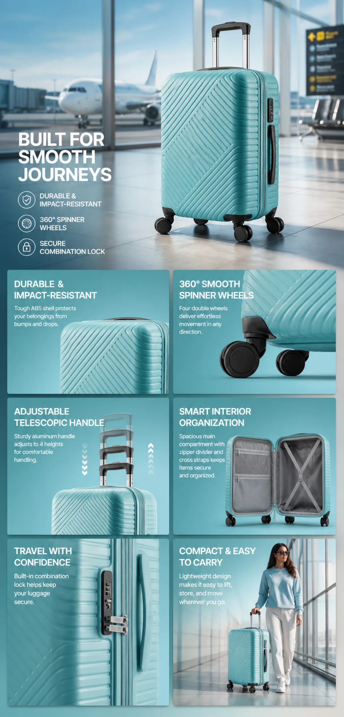 Teal Hard Shell Suitcase Features for Travel｜AI Image Generation Prompts