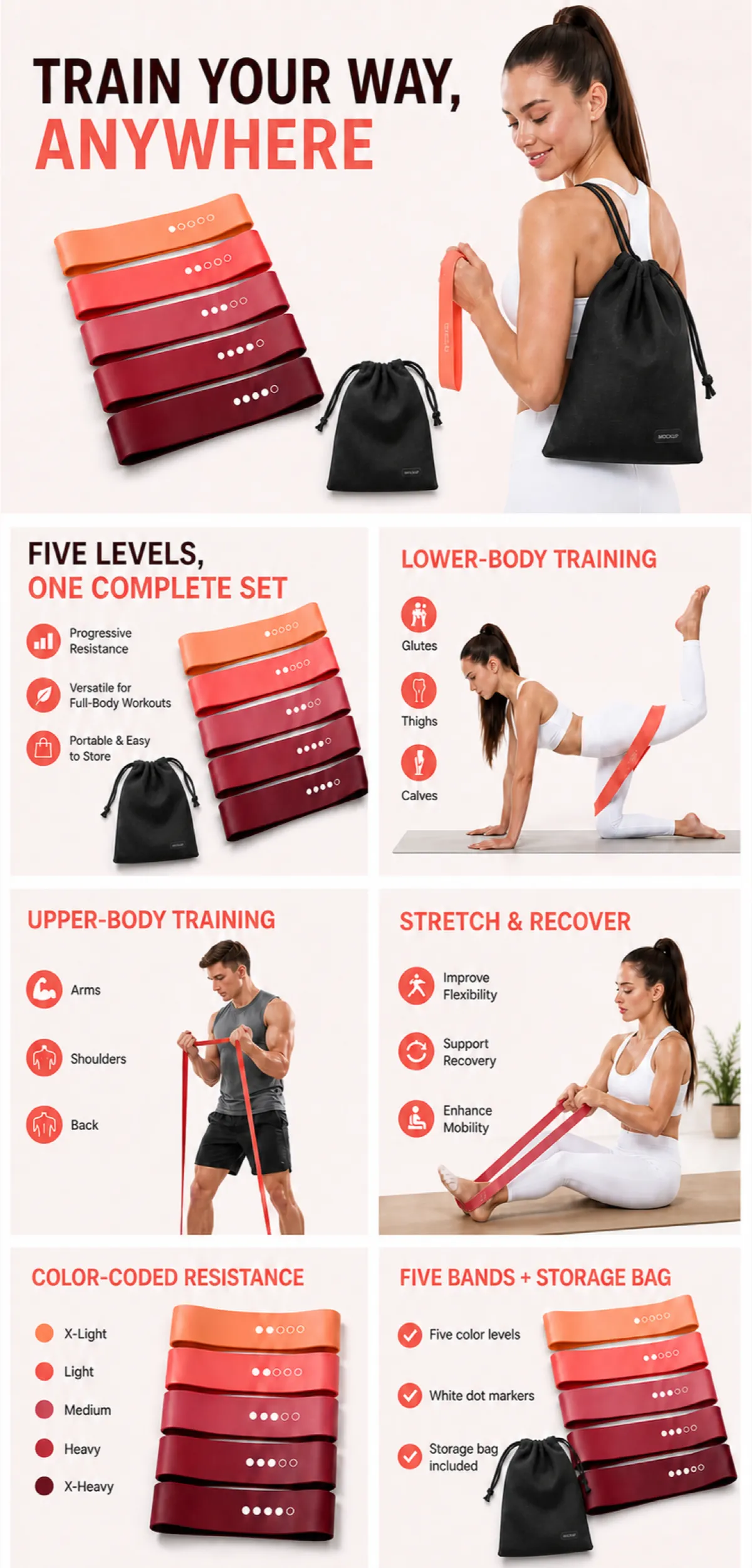 Five Level Resistance Bands Set for Full Body Workout｜AI Image Generation Prompts