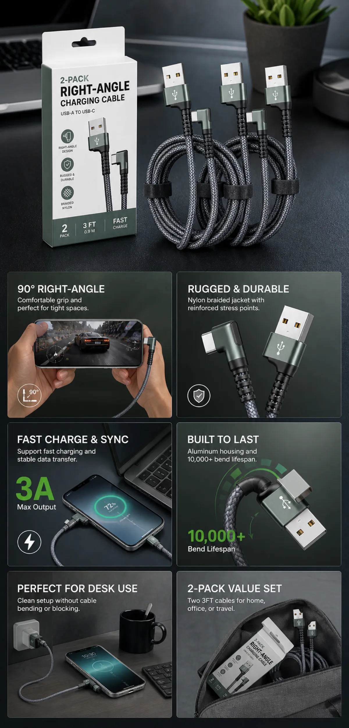 2-Pack Right-Angle USB-A to USB-C Charging Cable 3ft｜AI Image Generation Prompts