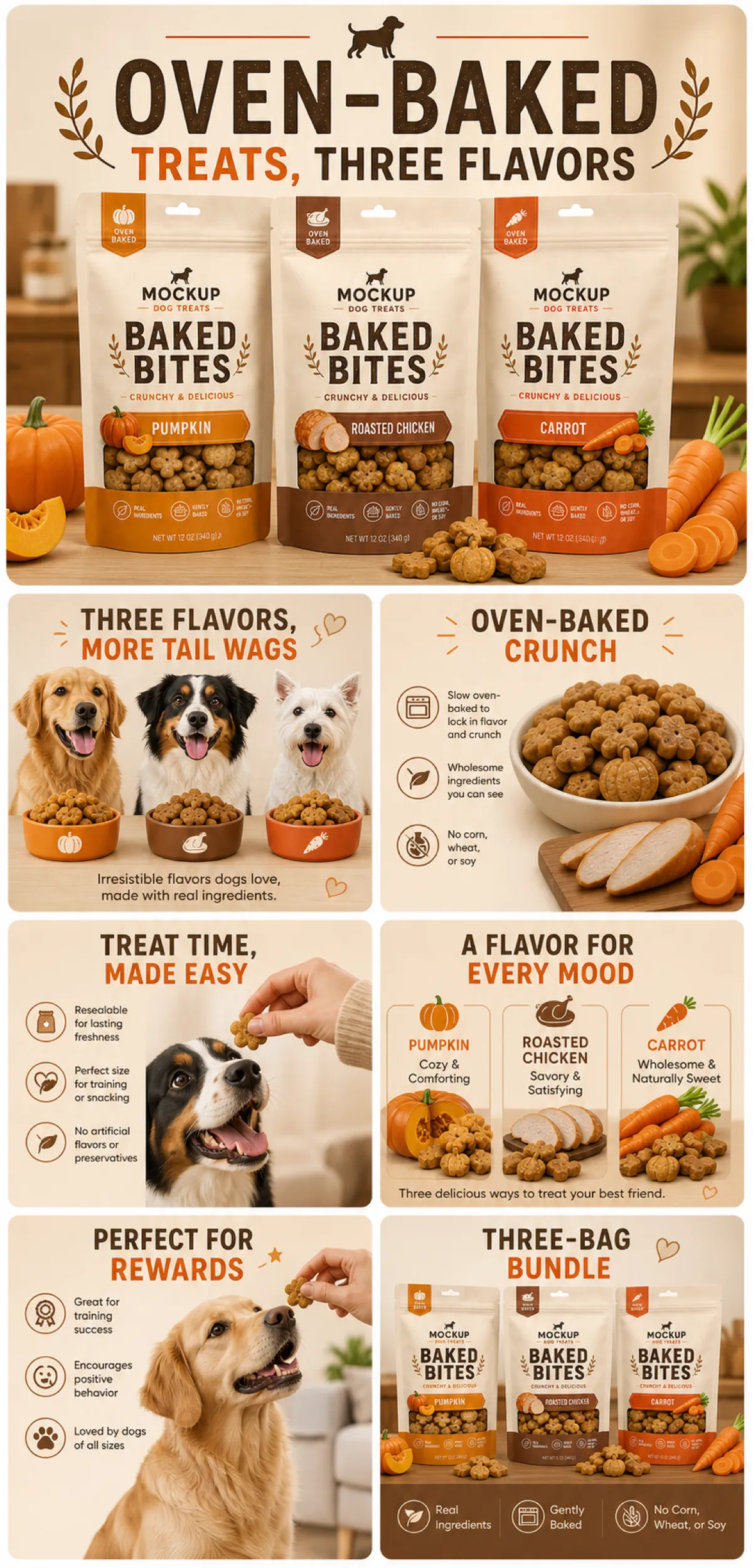 Oven-Baked Dog Treats Packaging Mockup Three Flavors｜AI Image Generation Prompts