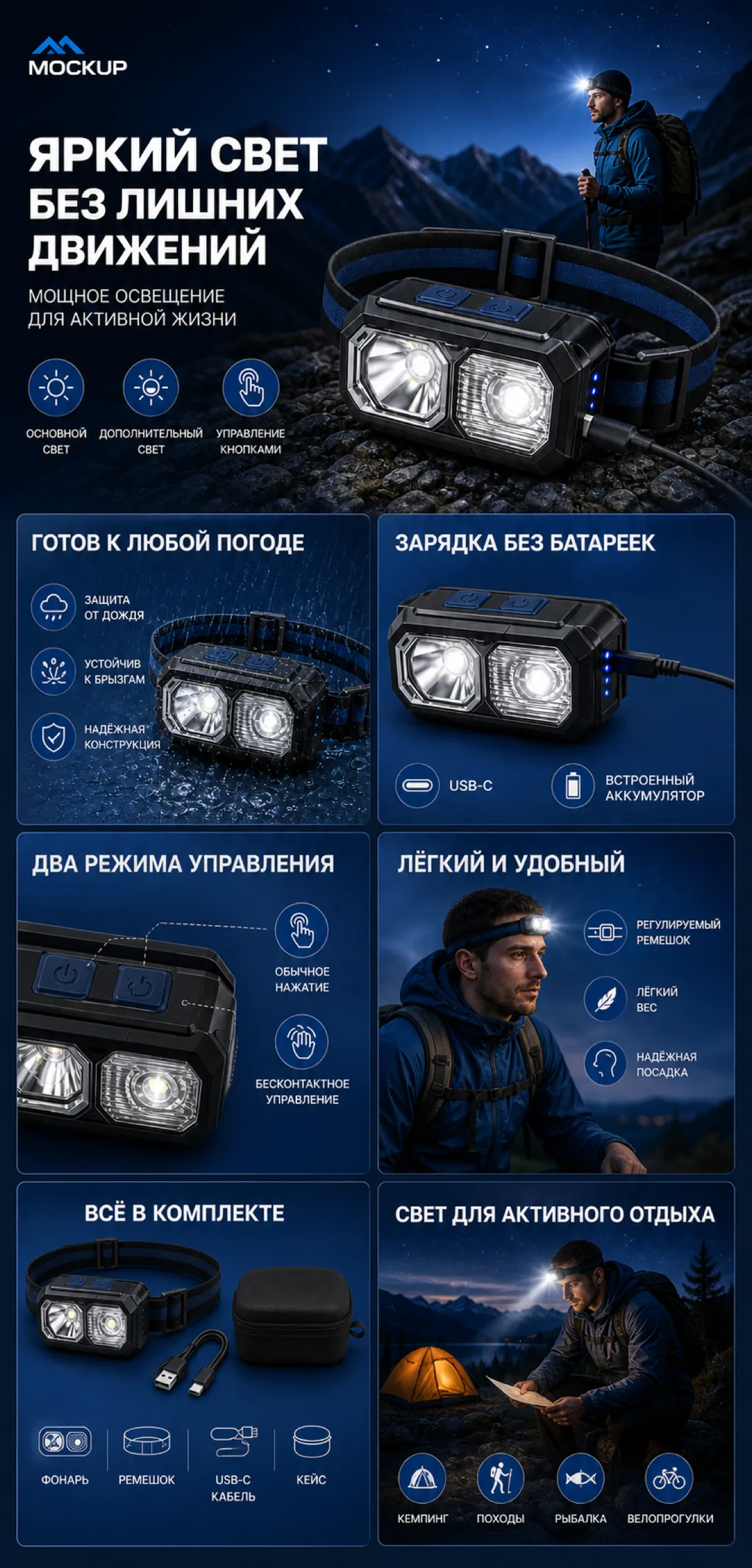 Rechargeable Dual LED Headlamp Product Features｜AI Image Generation Prompts