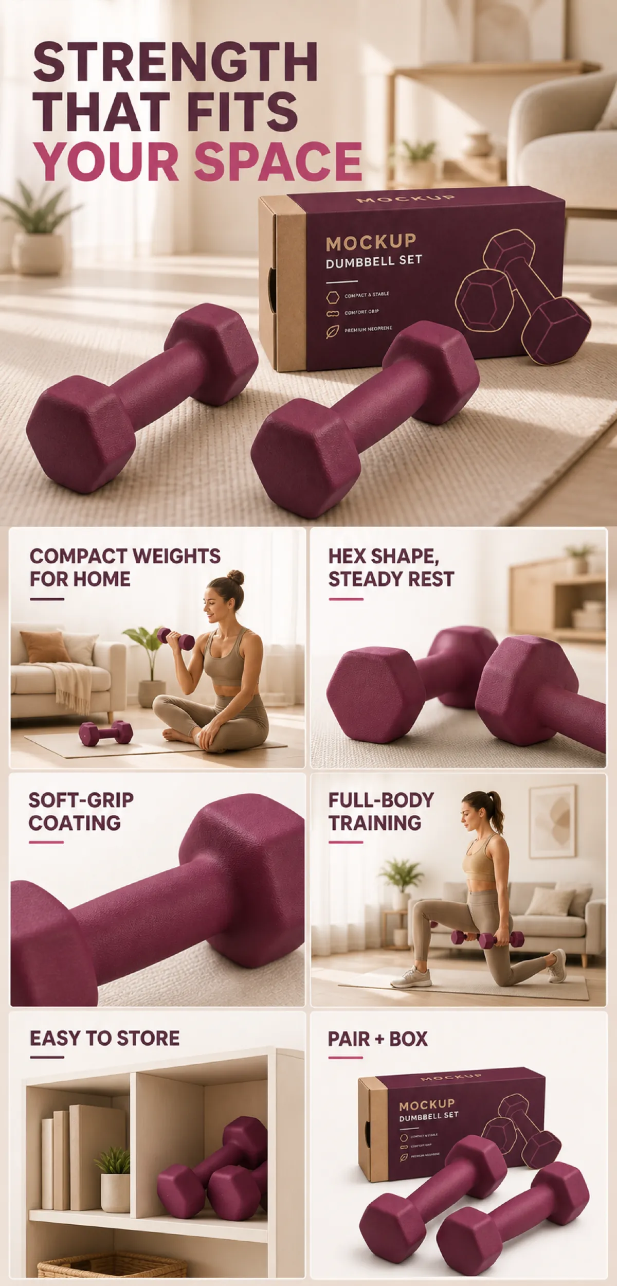 Purple Hex Dumbbell Set for Home Workouts｜AI Image Generation Prompts