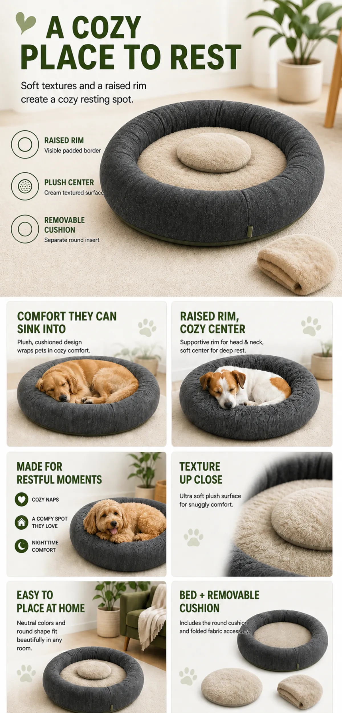 Cozy Round Pet Bed with Raised Rim and Plush Center｜AI Image Generation Prompts