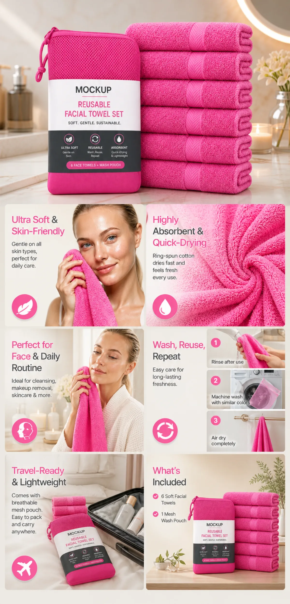 Pink Reusable Facial Towel Set with Mesh Pouch｜AI Image Generation Prompts