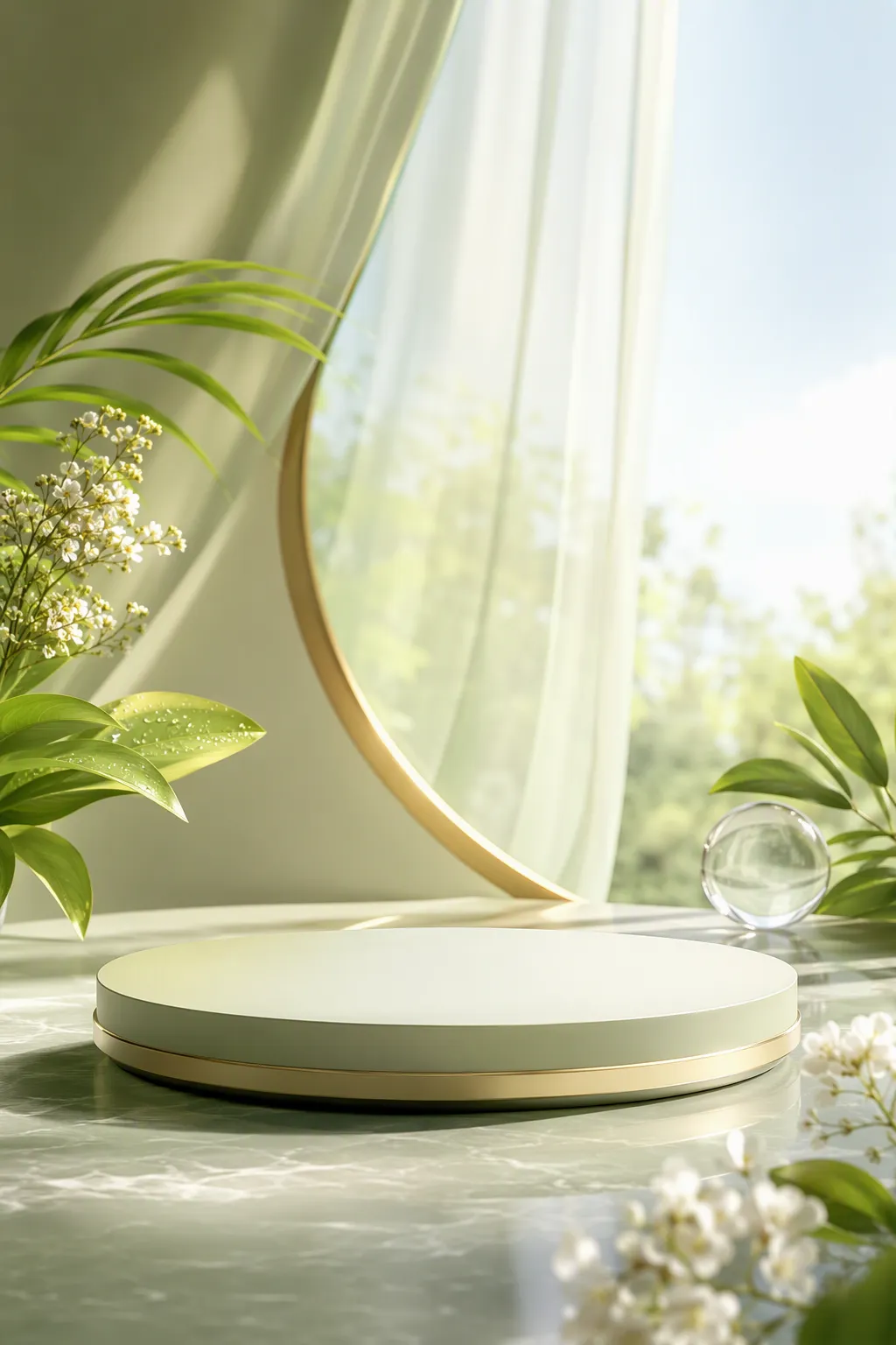 Floating purple ribbon and spheres above a circular podium｜AI Image Generation Prompts