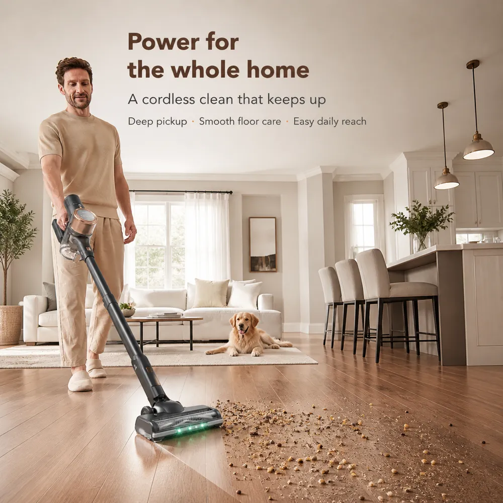 Man vacuuming hardwood floor with dog in living room｜AI Image Generation Prompts
