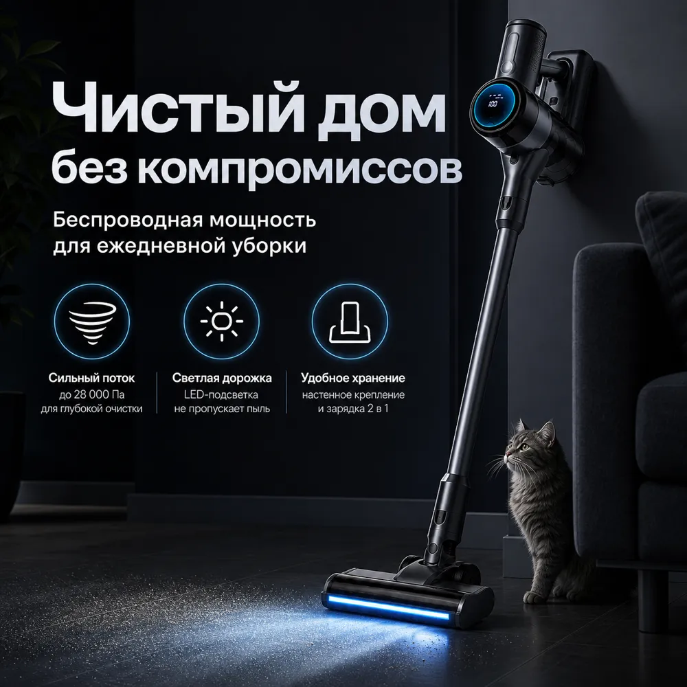 Cordless Vacuum Cleaner with LED Light and Wall Mount｜AI Image Generation Prompts