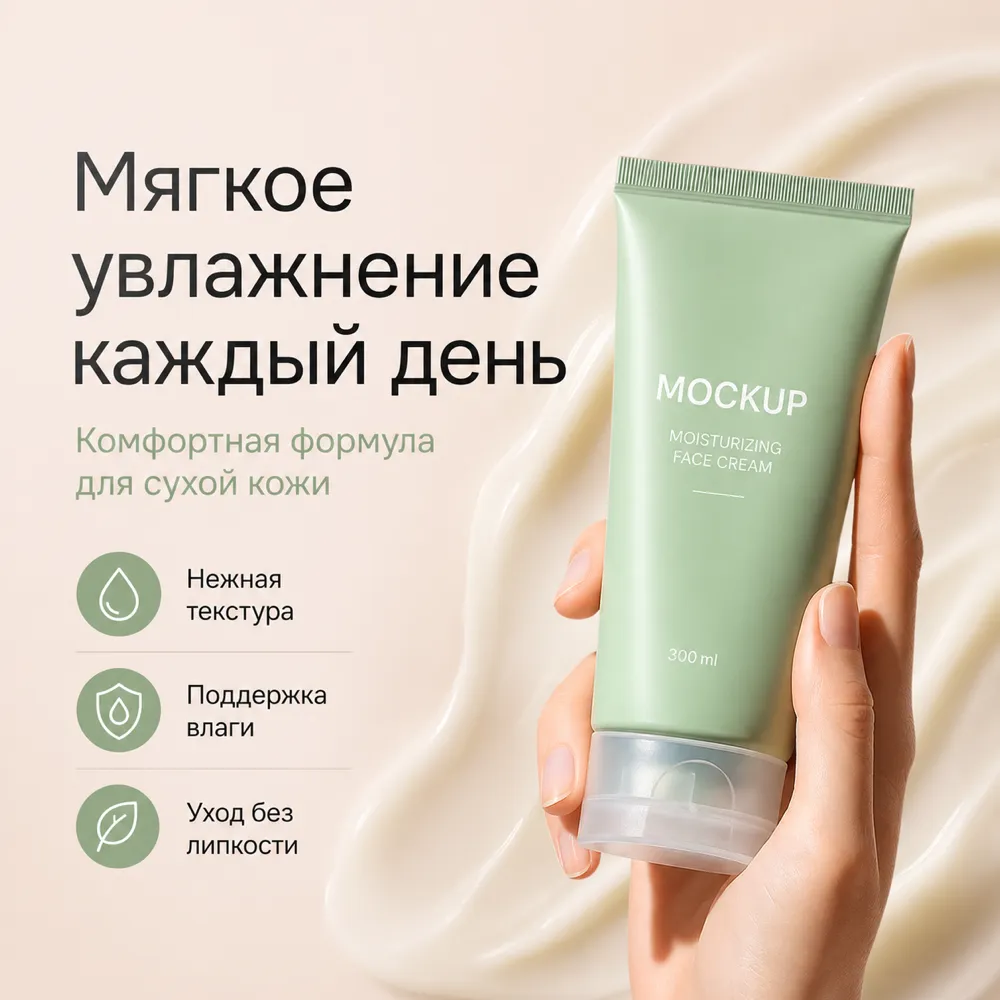 Hand holding green moisturizing face cream tube mockup｜AI Image Generation Prompts