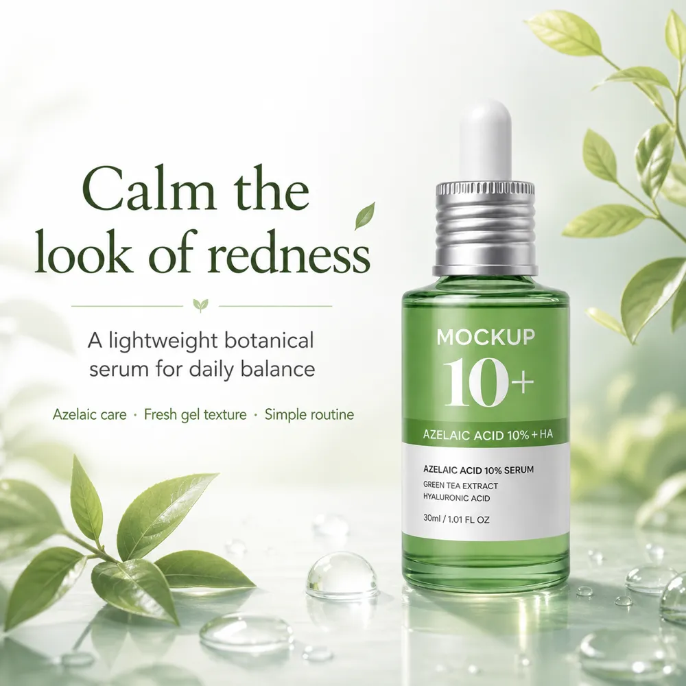Azelaic Acid Serum Bottle Mockup with Green Leaves｜AI Image Generation Prompts
