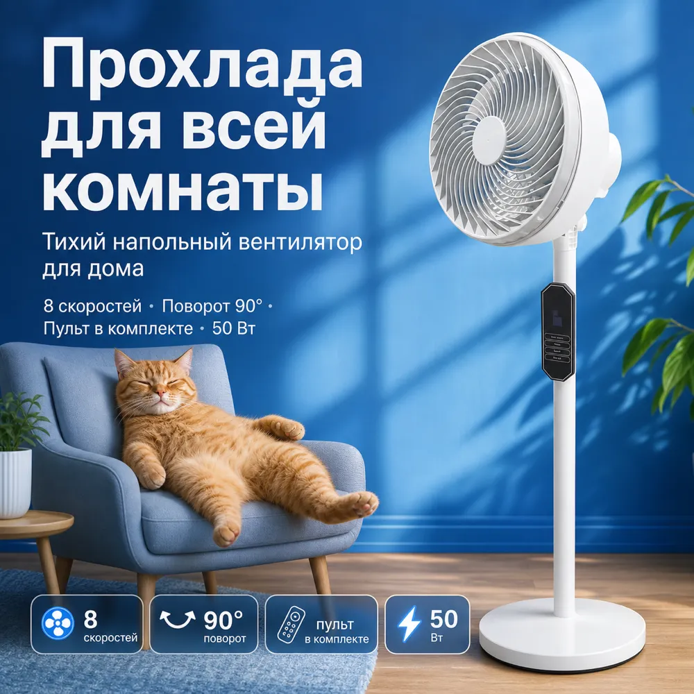 White Standing Fan and Relaxed Cat in Living Room｜AI Image Generation Prompts