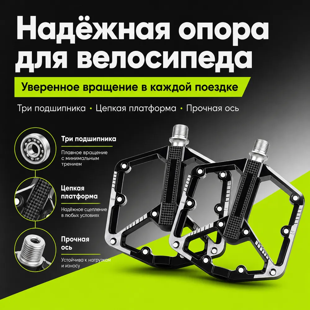Black Bicycle Pedals with Three Bearings and Strong Axle｜AI Image Generation Prompts