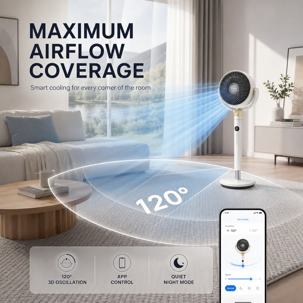 Smart Fan with 120° Oscillation and App Control｜AI Image Generation Prompts