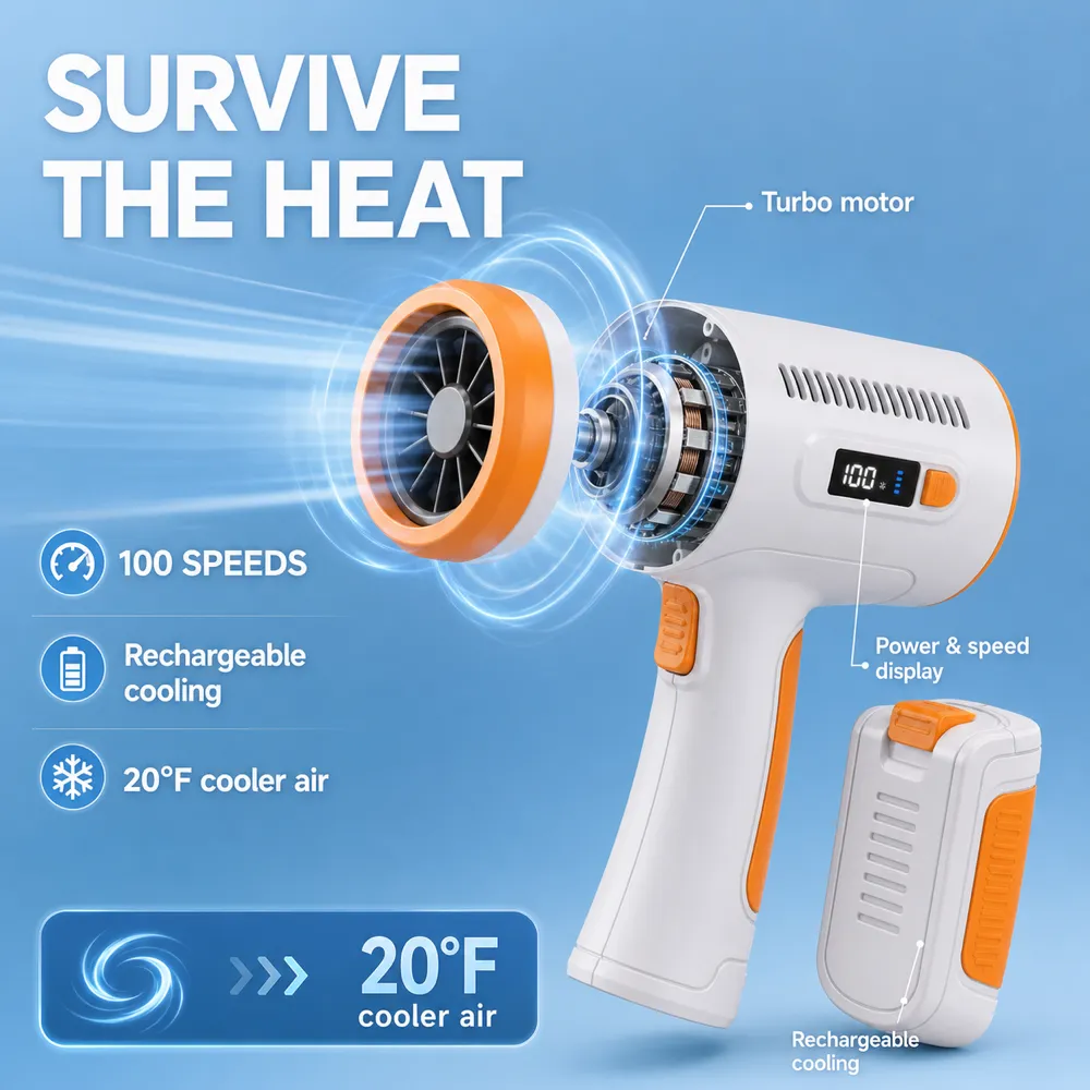 Rechargeable Handheld Turbo Fan with 100 Speeds｜AI Image Generation Prompts