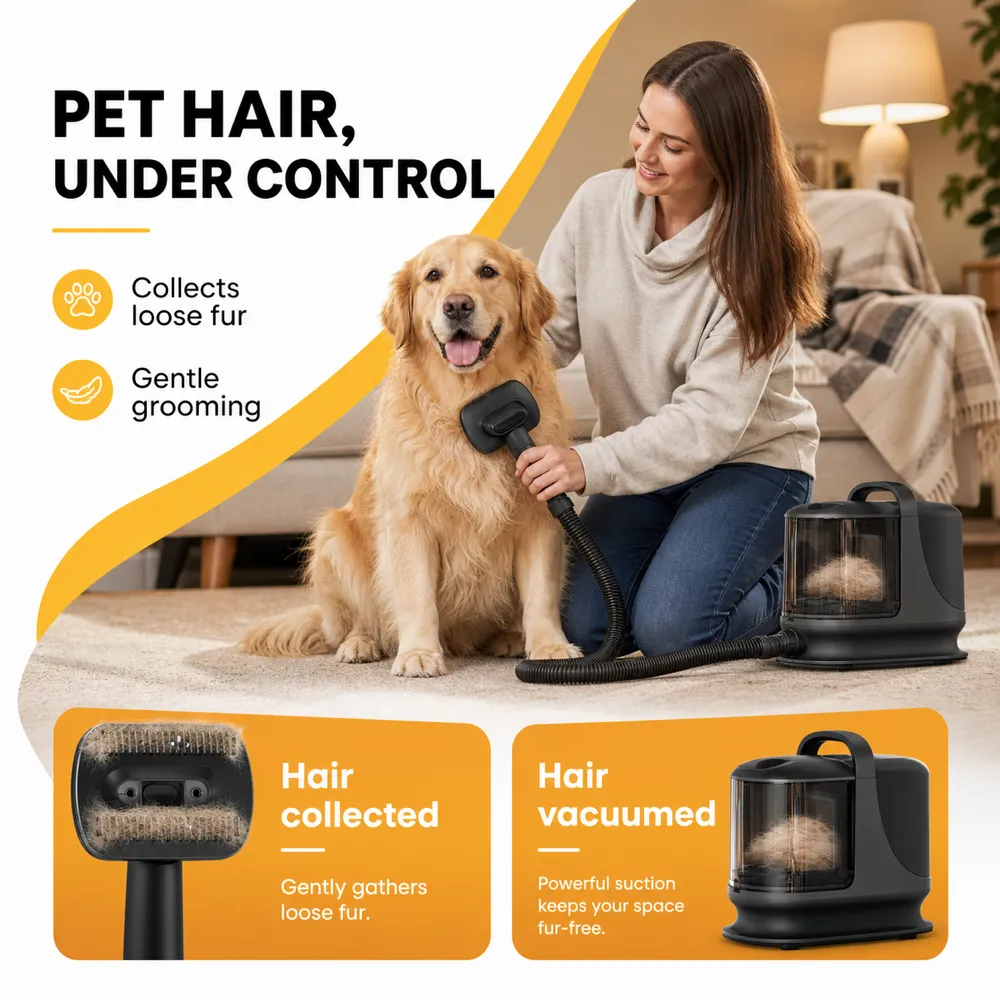 Woman grooming golden retriever with pet hair vacuum｜AI Image Generation Prompts