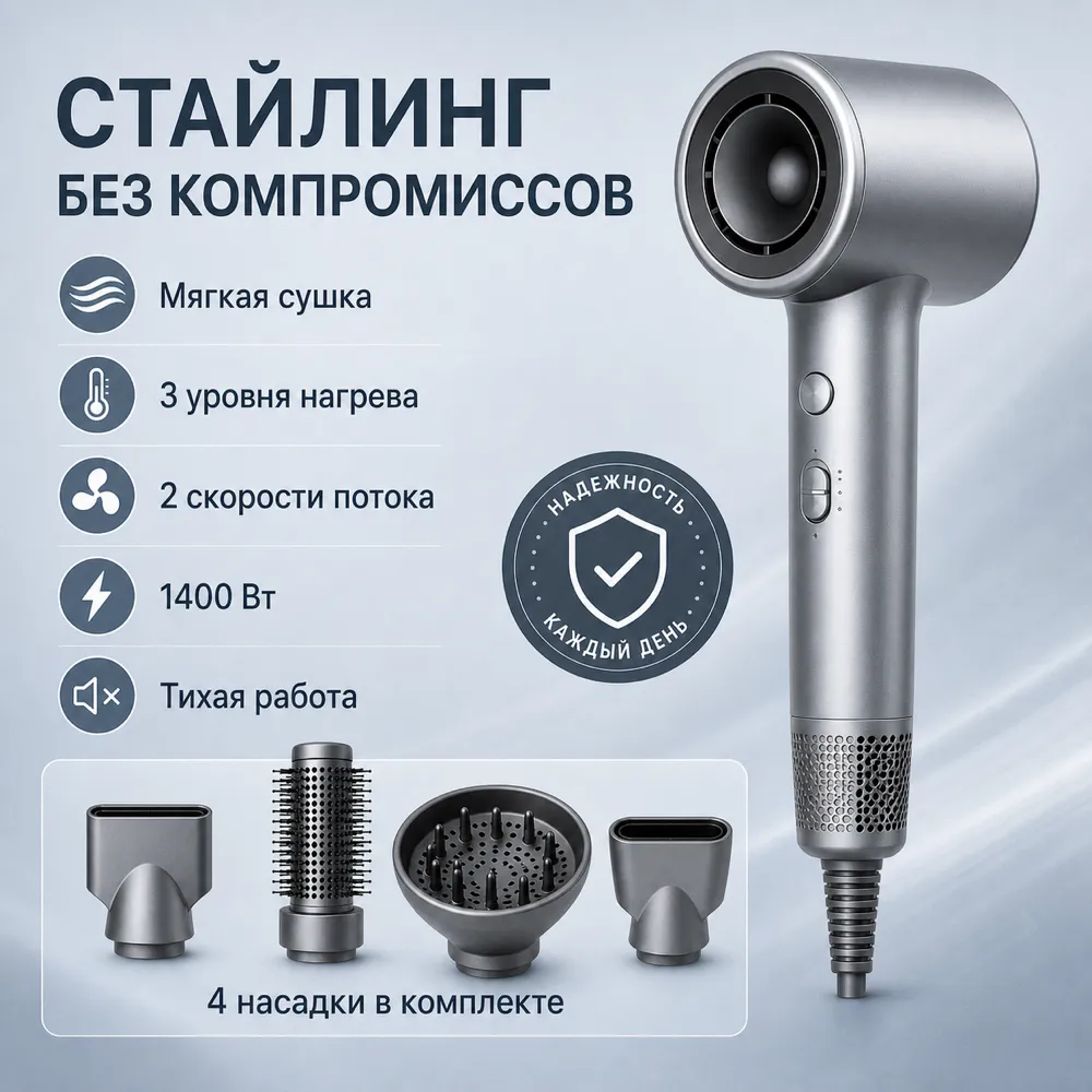 Silver Hair Dryer with 4 Attachments and 1400W Power｜AI Image Generation Prompts