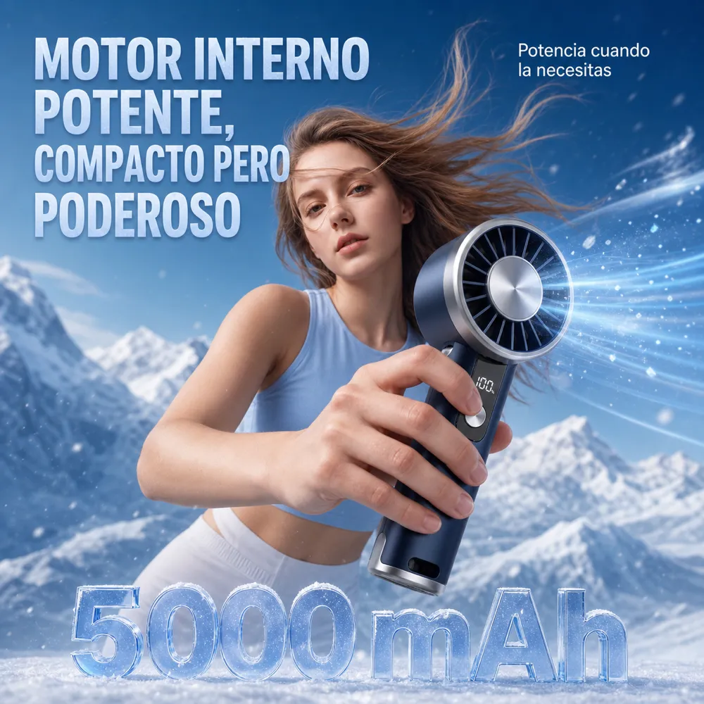 Woman holding powerful portable fan in snow｜AI Image Generation Prompts