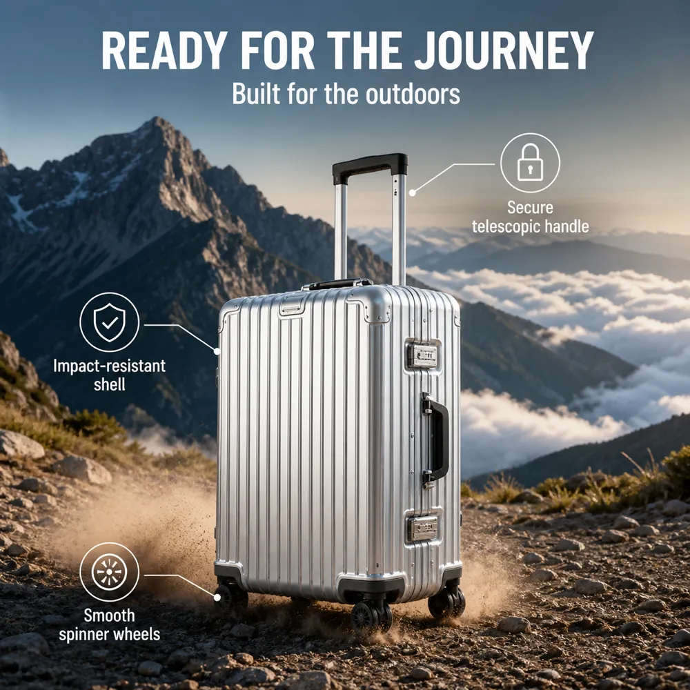 Rugged Silver Suitcase Ready for Outdoor Journey｜AI Image Generation Prompts