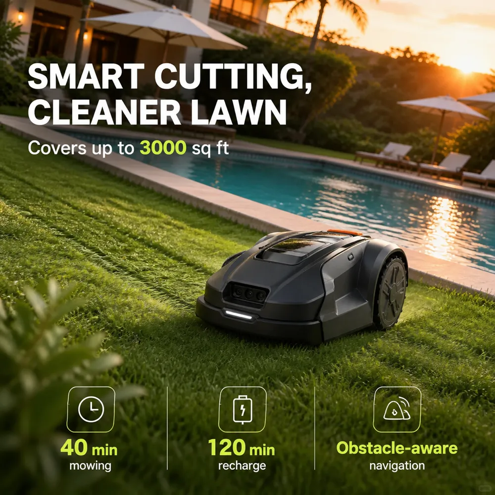 Smart Cutting Robotic Lawnmower by Pool｜AI Image Generation Prompts