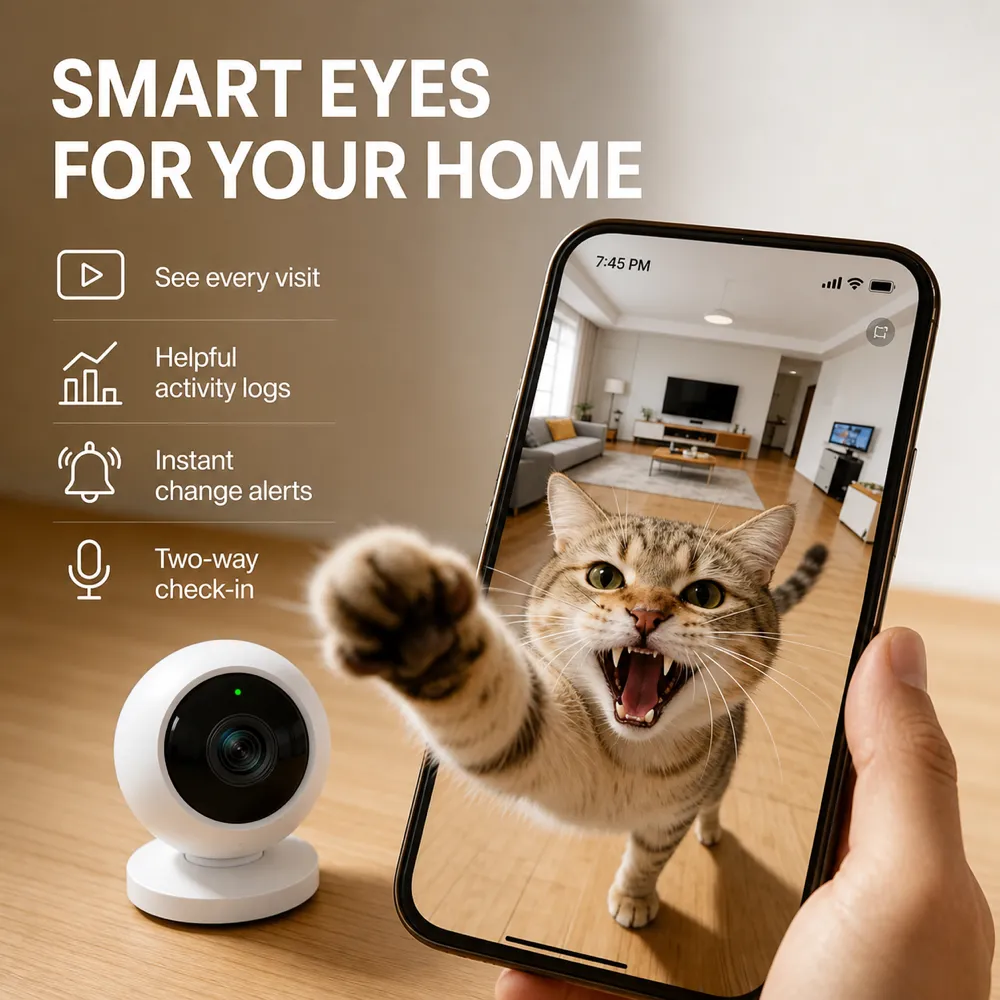 Smart Home Camera Monitoring Cat on Smartphone｜AI Image Generation Prompts