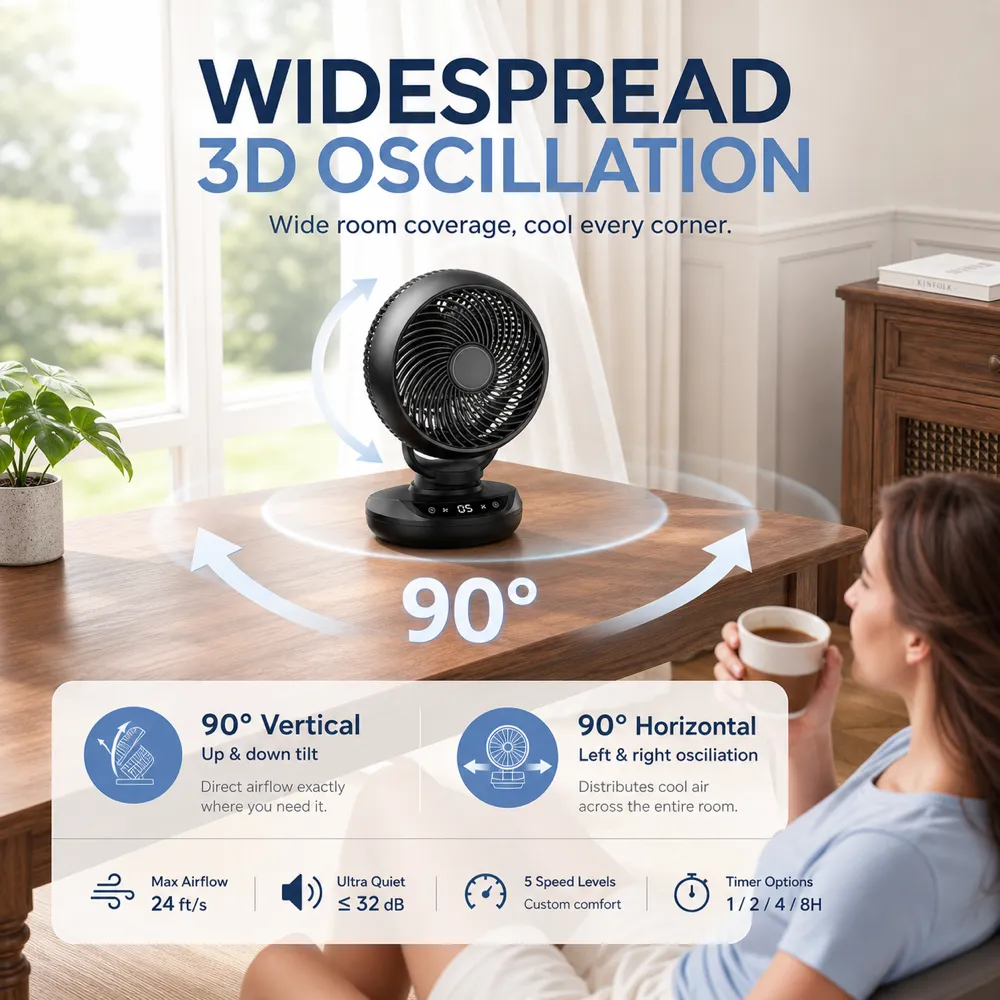 Widespread 3D Oscillation Black Desk Fan Features｜AI Image Generation Prompts