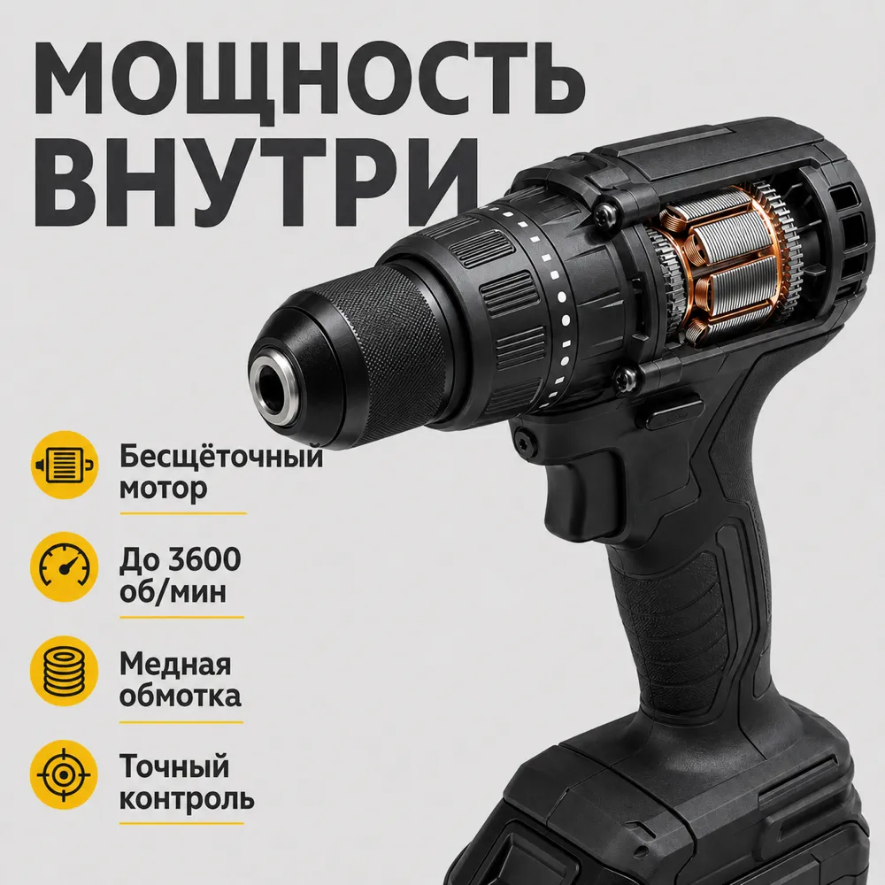 Cordless drill with brushless motor cutaway view｜AI Image Generation Prompts