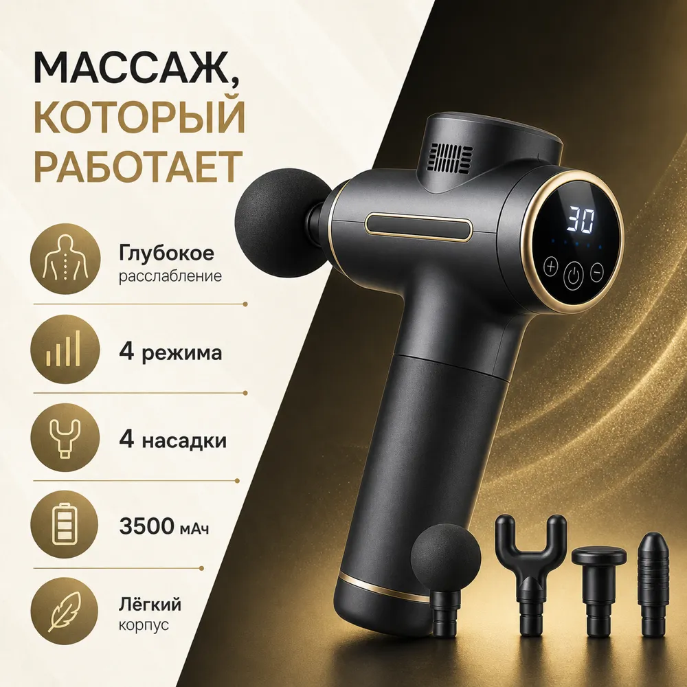 Black massage gun with digital display and attachments｜AI Image Generation Prompts