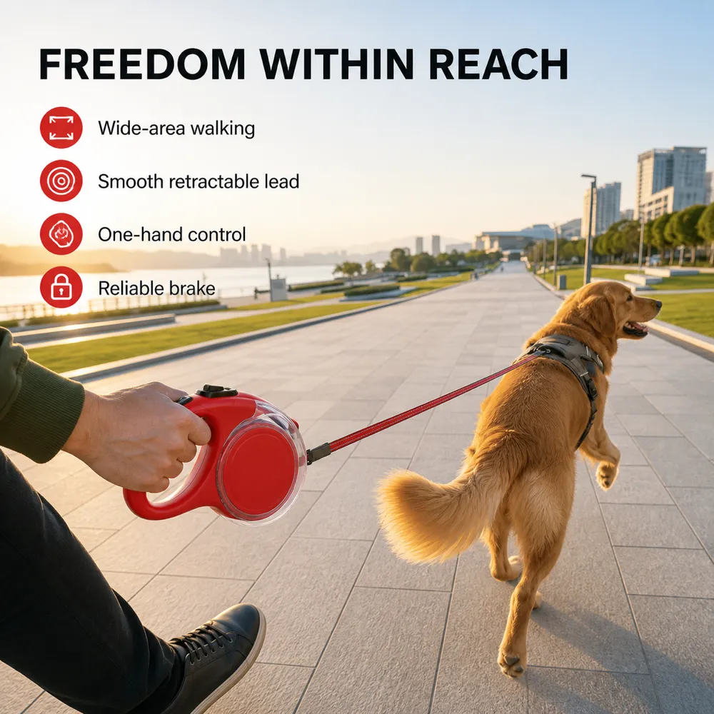 Person walking golden retriever with red retractable leash｜AI Image Generation Prompts