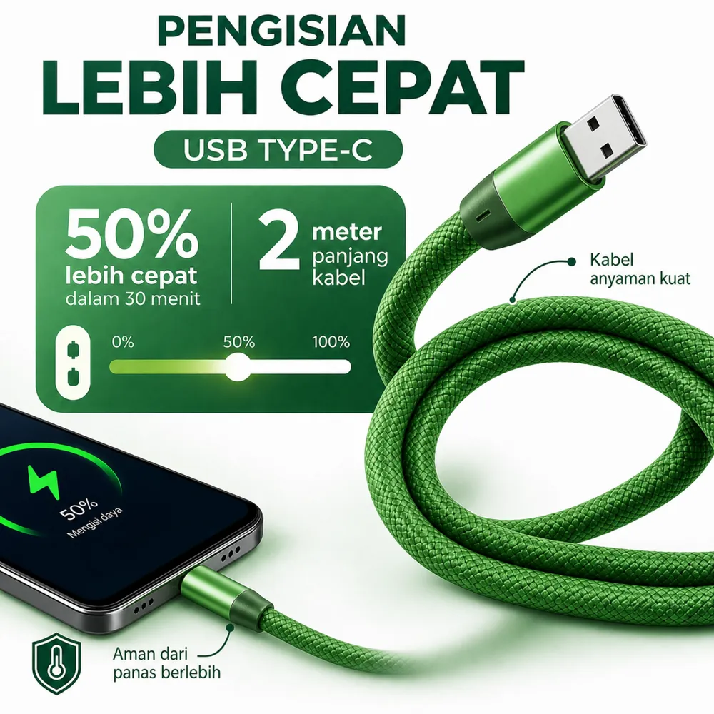 Green Braided USB Type-C Fast Charging Cable 2m｜AI Image Generation Prompts