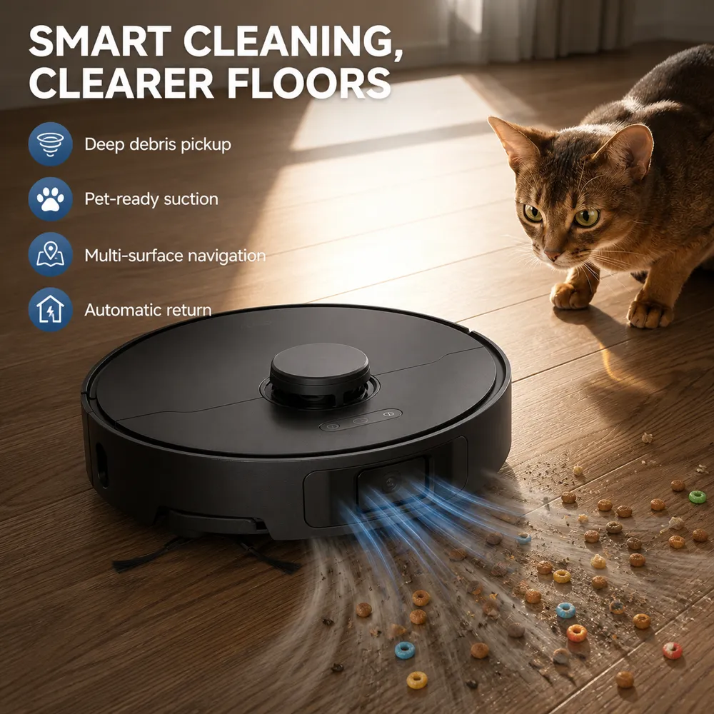 Smart Robot Vacuum Cleaning Pet Food on Wood Floor｜AI Image Generation Prompts