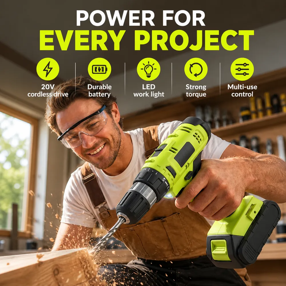 Man using a green 20V cordless drill for woodworking｜AI Image Generation Prompts