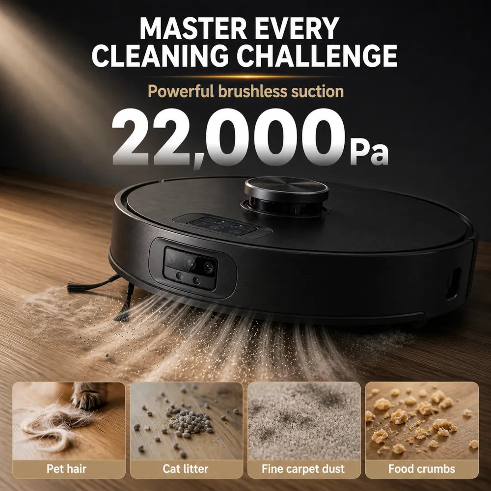 Black Robot Vacuum Cleaner with 22000Pa Suction Power｜AI Image Generation Prompts